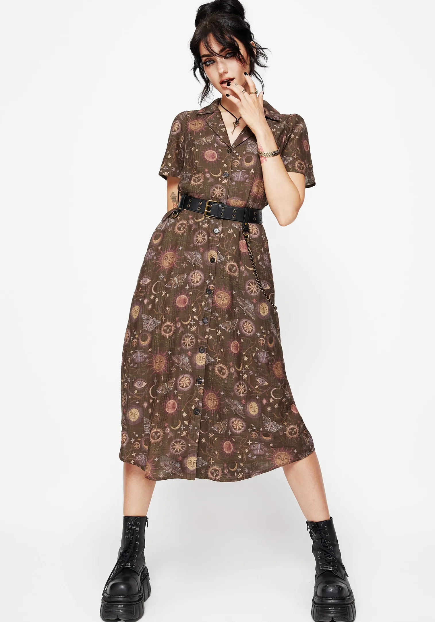 Rhea Cotton Blend Moth and Moon Print Midi Shirt Dress