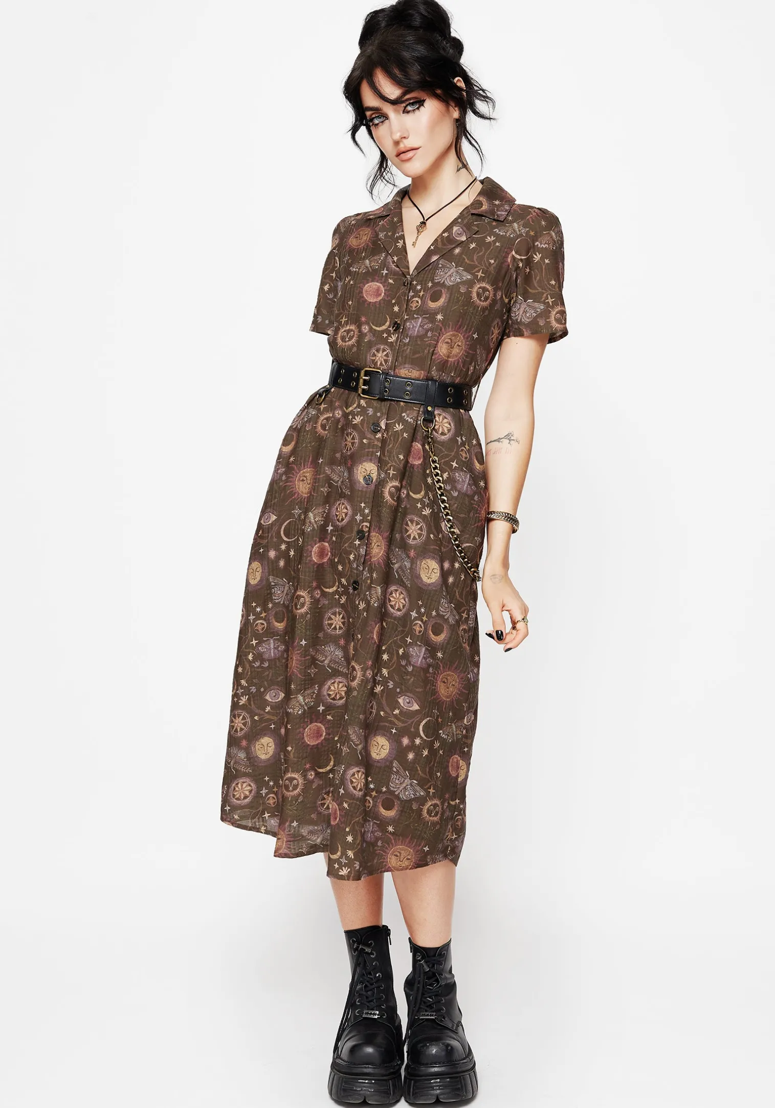 Rhea Cotton Blend Moth and Moon Print Midi Shirt Dress