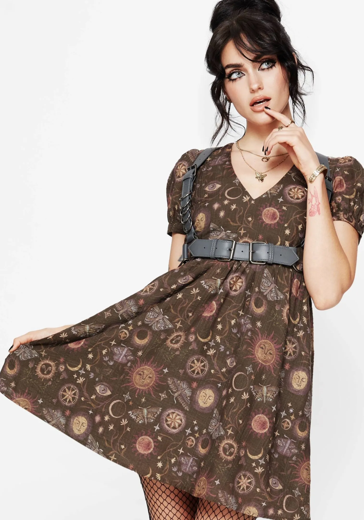 Rhea Cotton Blend Moth and Moon Print Mini Smock Dress