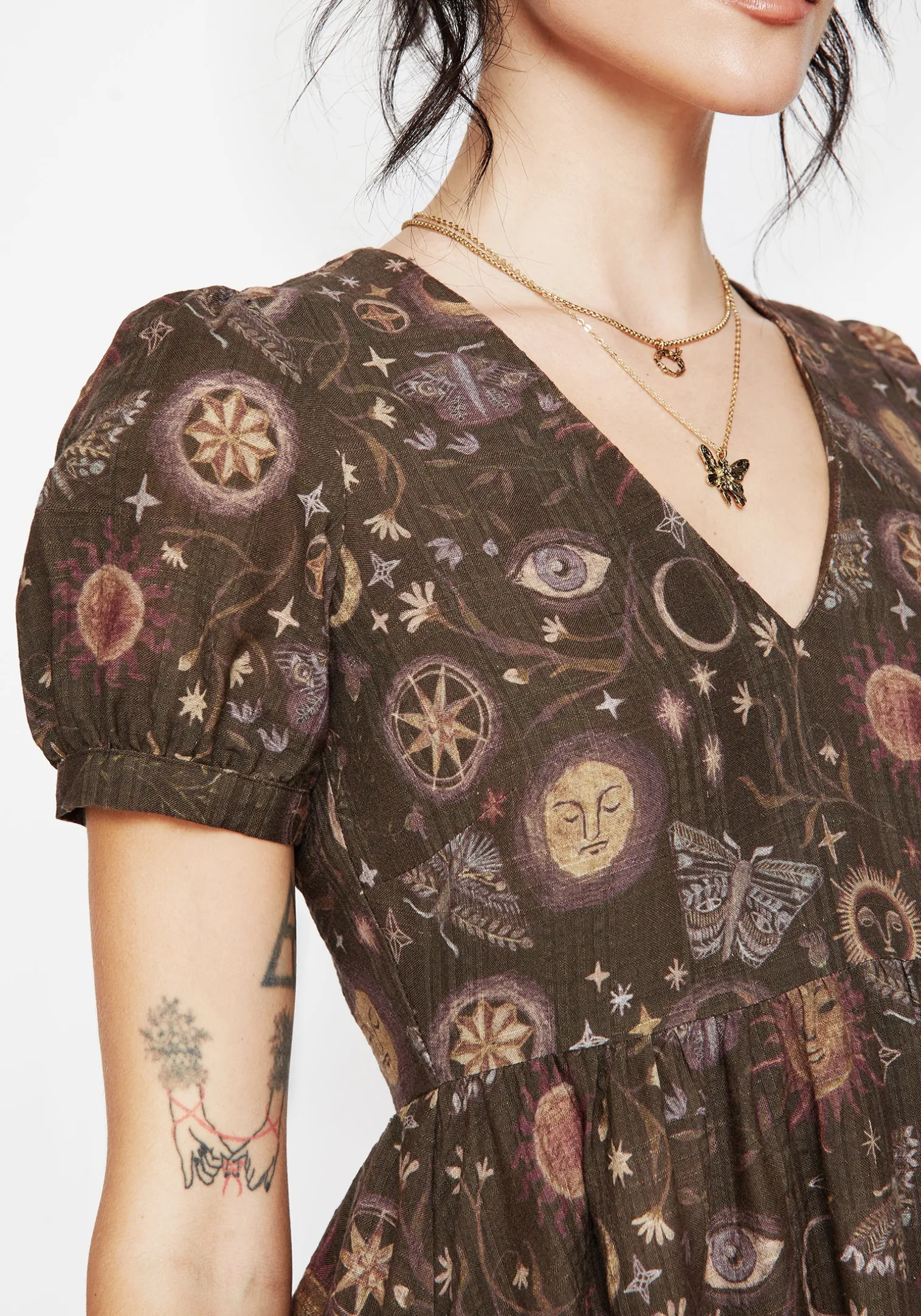 Rhea Cotton Blend Moth and Moon Print Mini Smock Dress