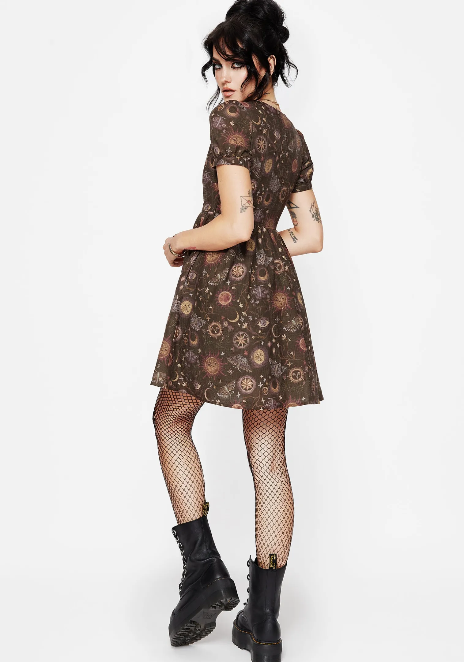 Rhea Cotton Blend Moth and Moon Print Mini Smock Dress
