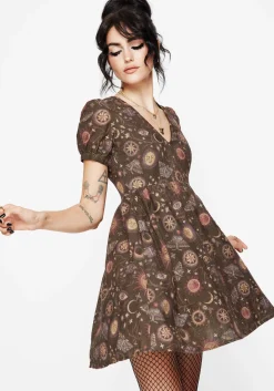 Rhea Cotton Blend Moth and Moon Print Mini Smock Dress