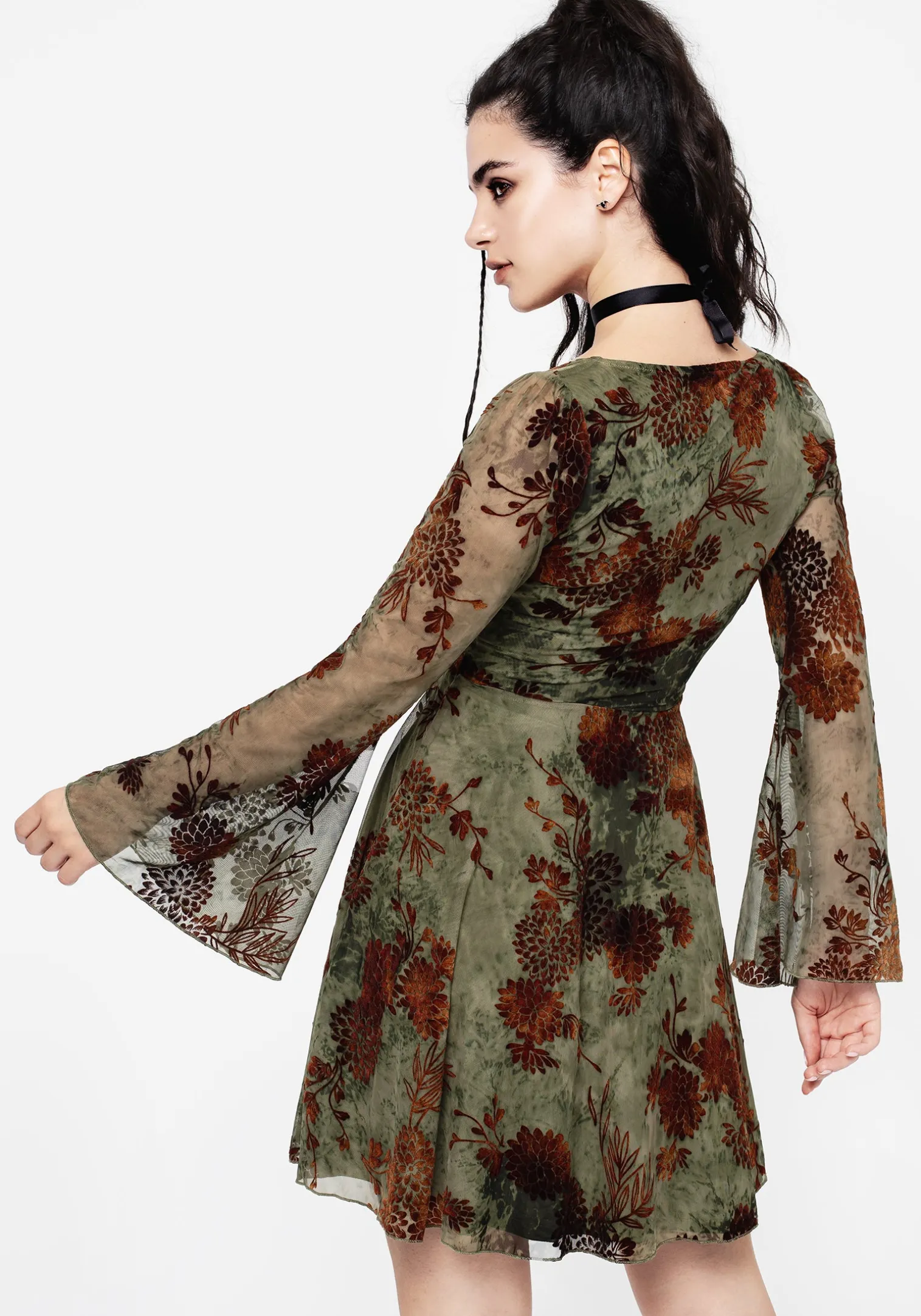 Rosaleigh Flock Velour Mesh Flare Sleeve Mini Dress