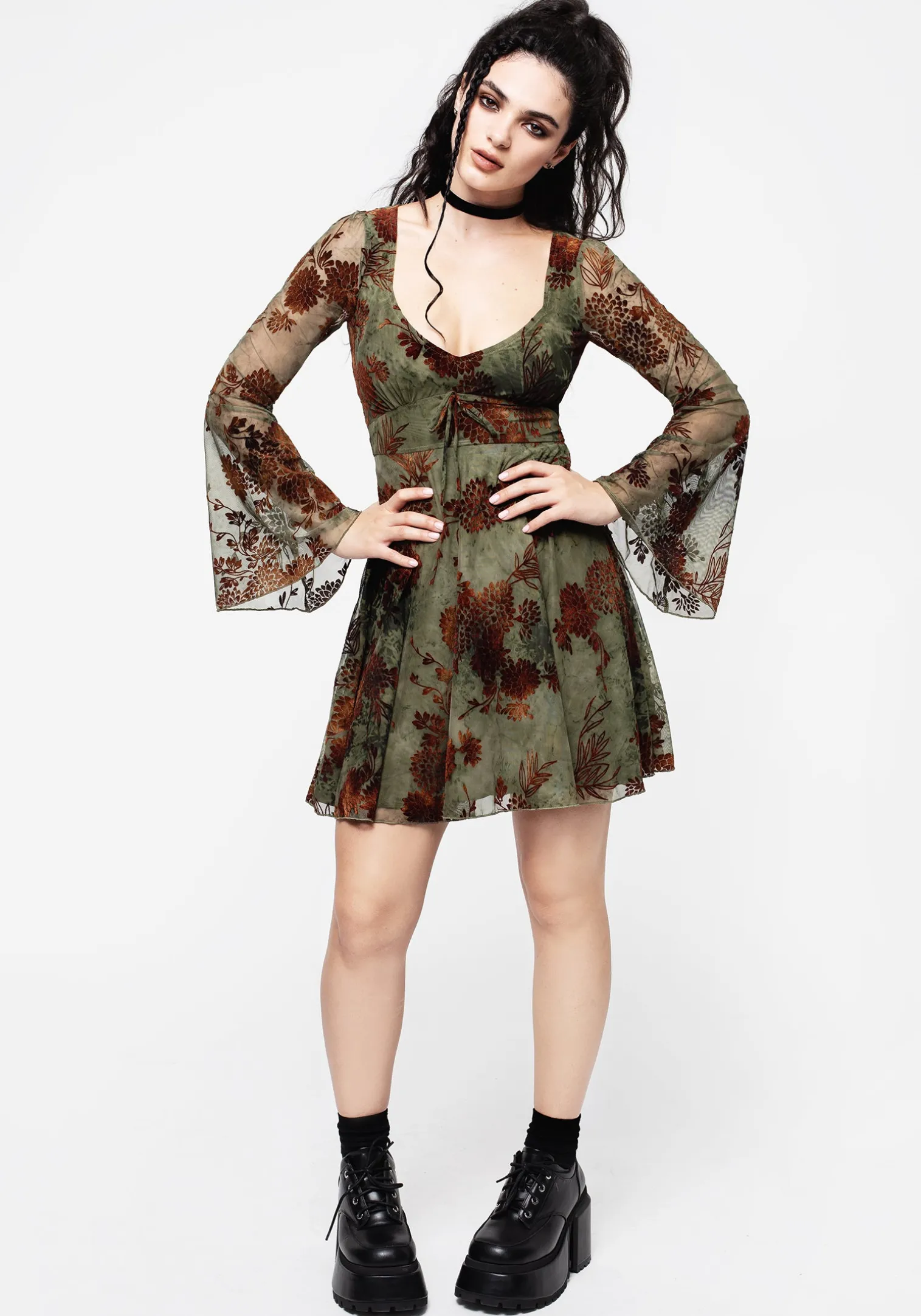 Rosaleigh Flock Velour Mesh Flare Sleeve Mini Dress