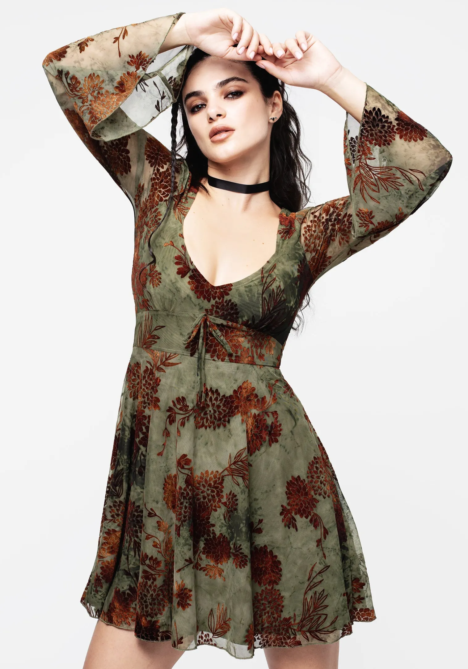Rosaleigh Flock Velour Mesh Flare Sleeve Mini Dress