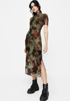 Rosaleigh Flock Velour Mesh Short Sleeved Midaxi Dress