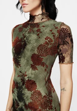 Rosaleigh Flock Velour Mesh Short Sleeved Midaxi Dress