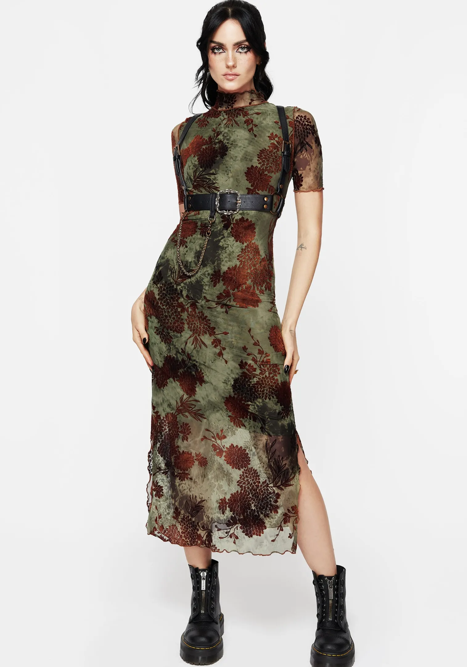 Rosaleigh Flock Velour Mesh Short Sleeved Midaxi Dress