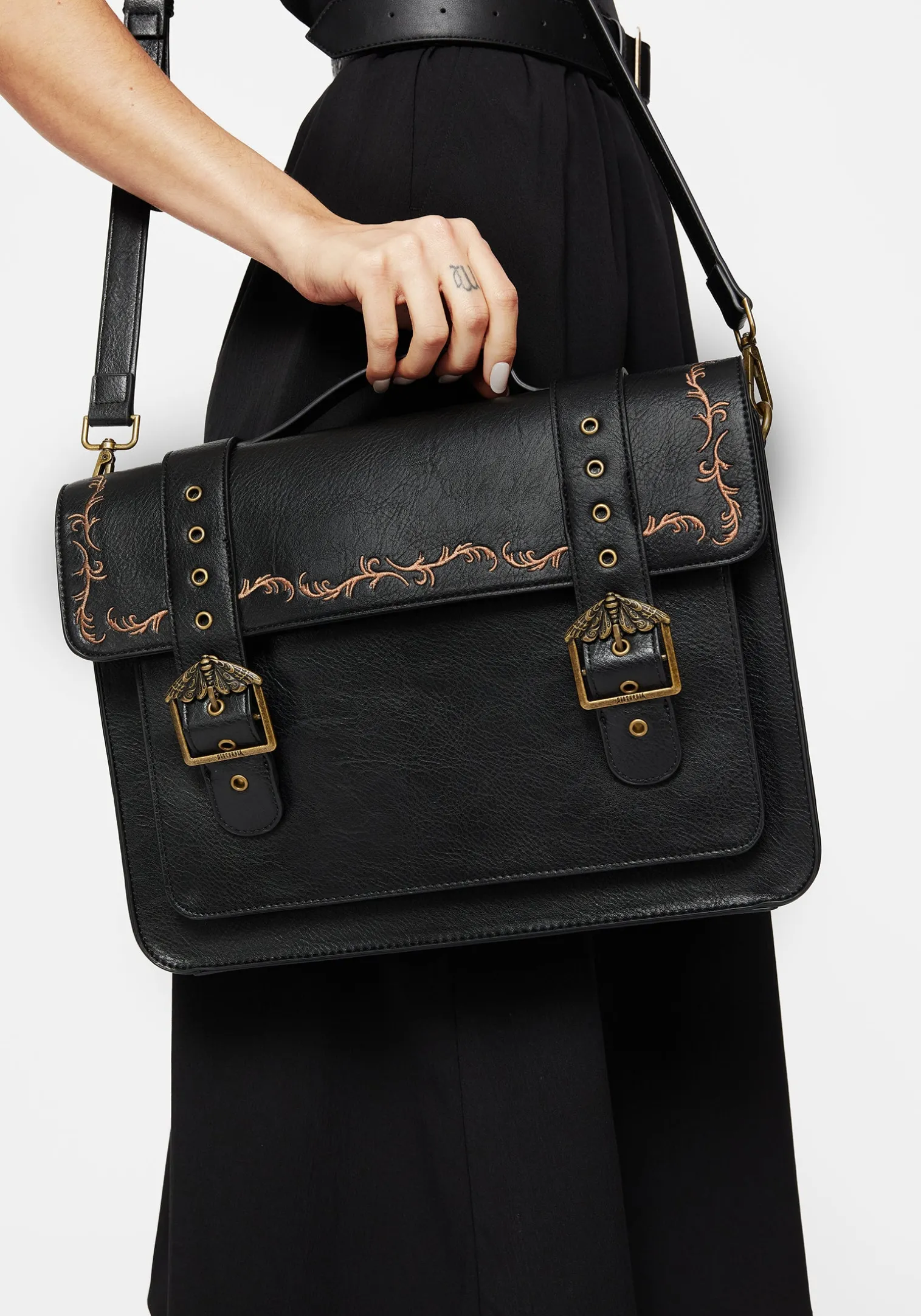 Rosamoth Buckle Vine Embroidered Satchel Bag - Black