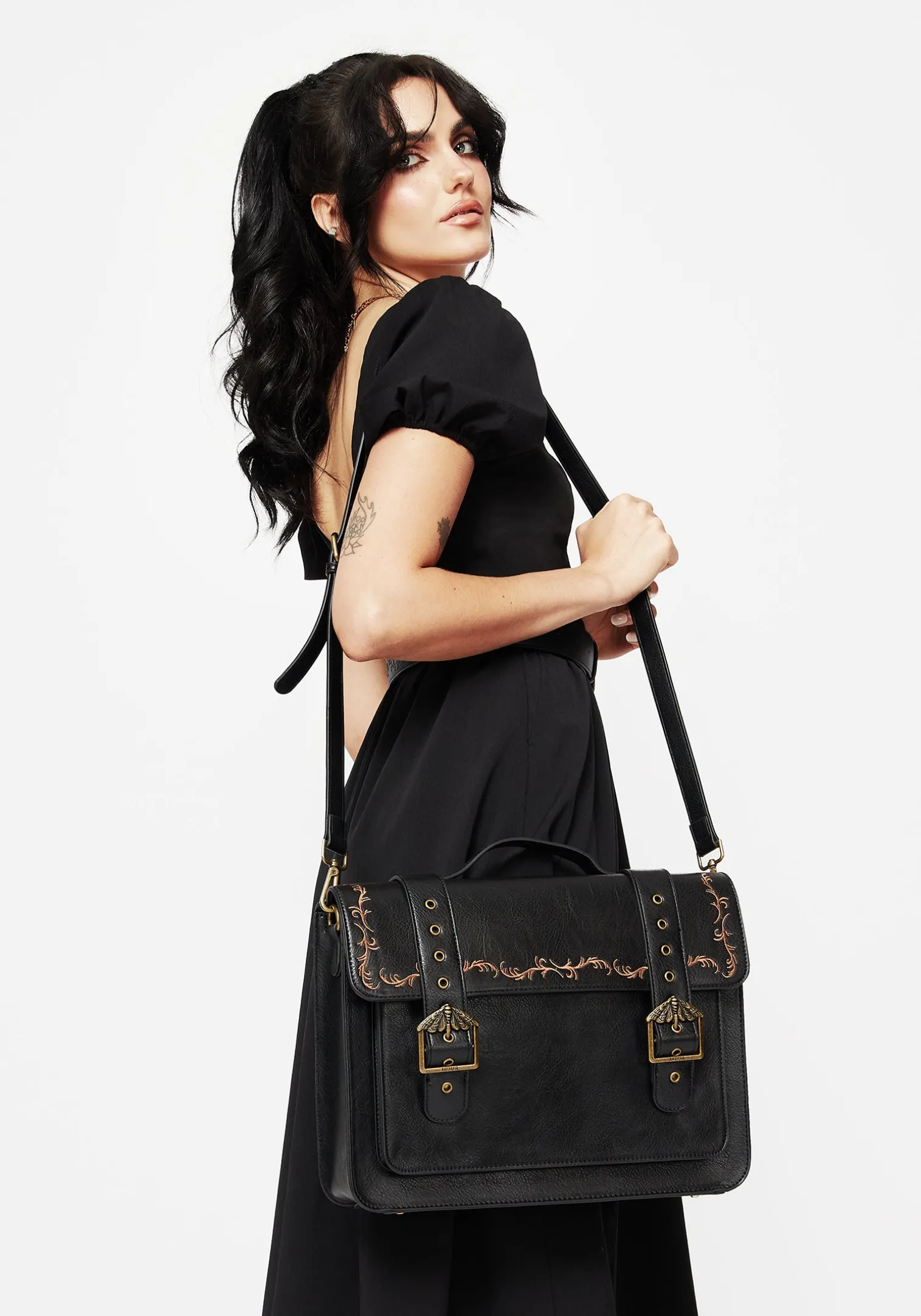 Rosamoth Buckle Vine Embroidered Satchel Bag - Black