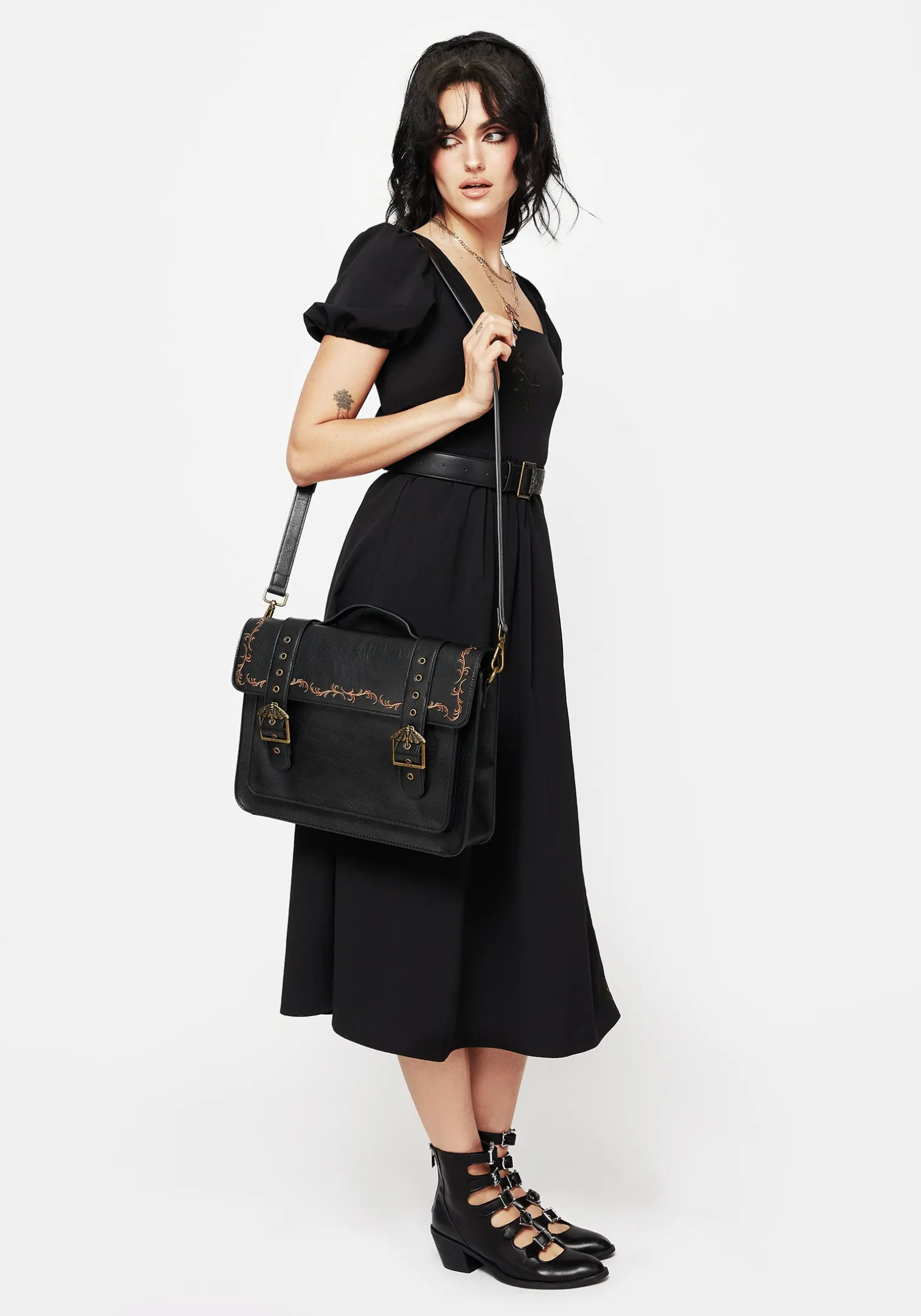 Rosamoth Buckle Vine Embroidered Satchel Bag - Black