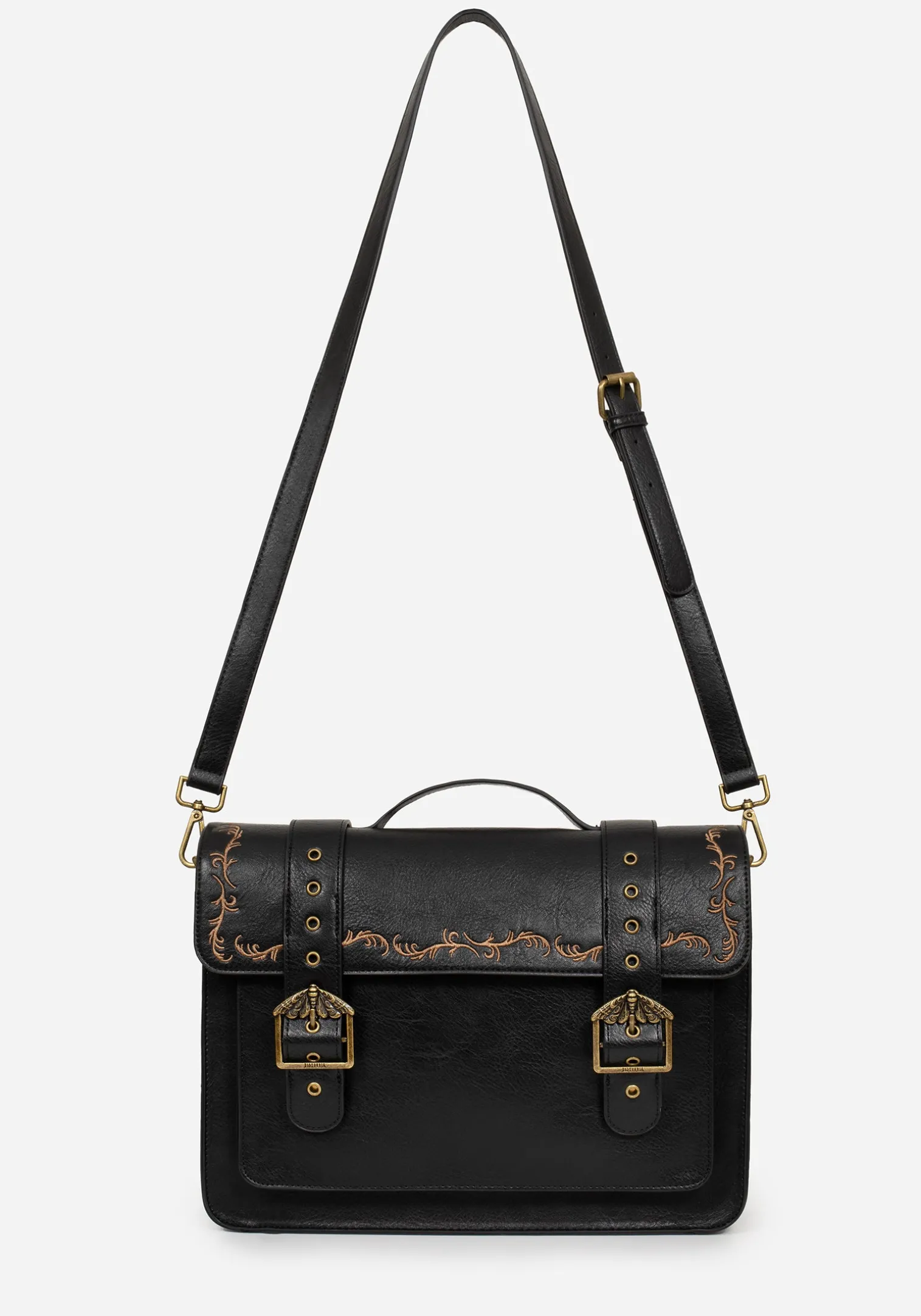 Rosamoth Buckle Vine Embroidered Satchel Bag - Black