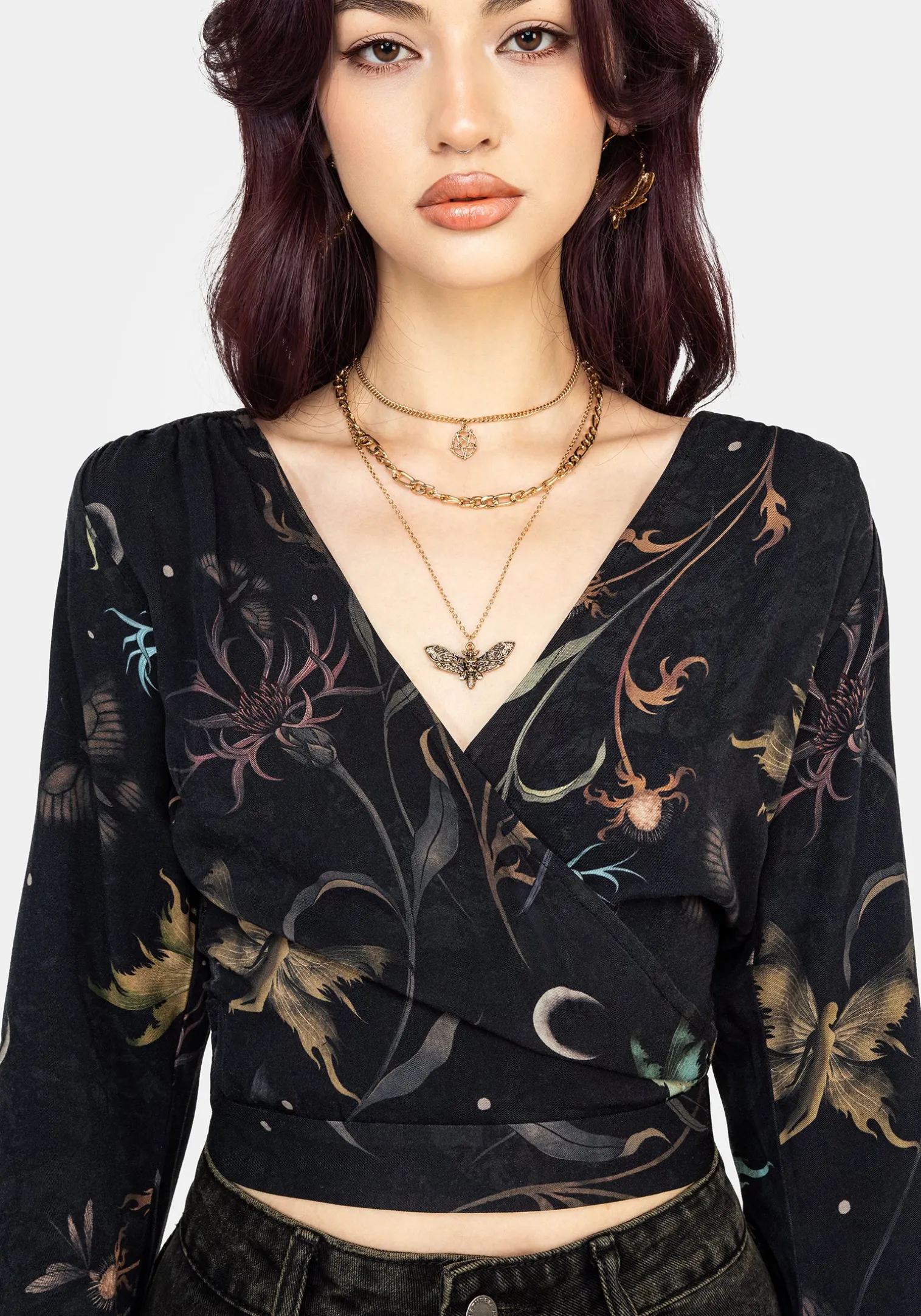 Rosanella Floral Print Flare Sleeve Wrap Top