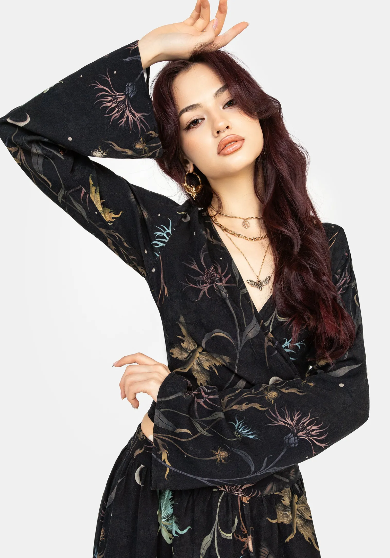 Rosanella Floral Print Flare Sleeve Wrap Top