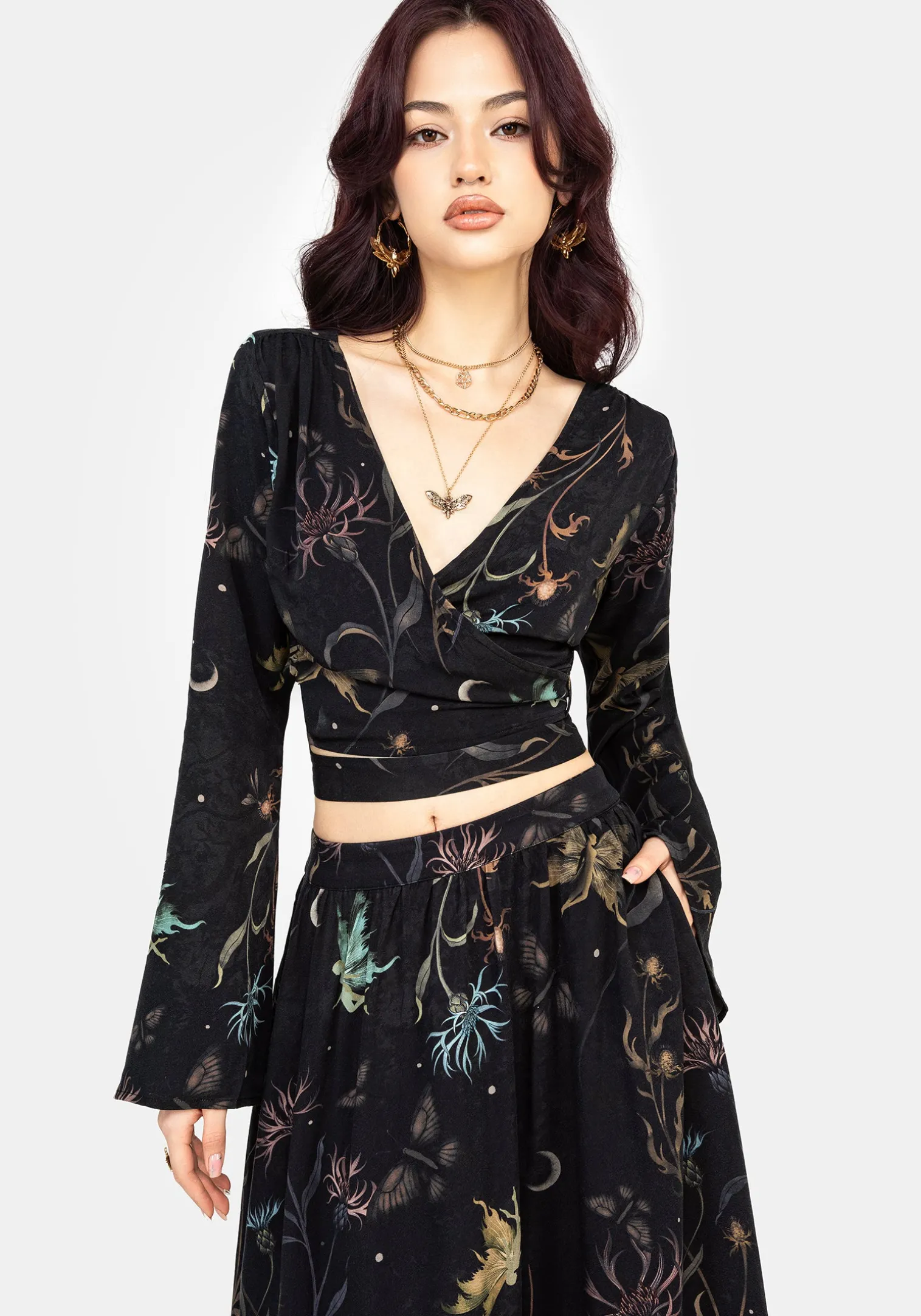 Rosanella Floral Print Flare Sleeve Wrap Top