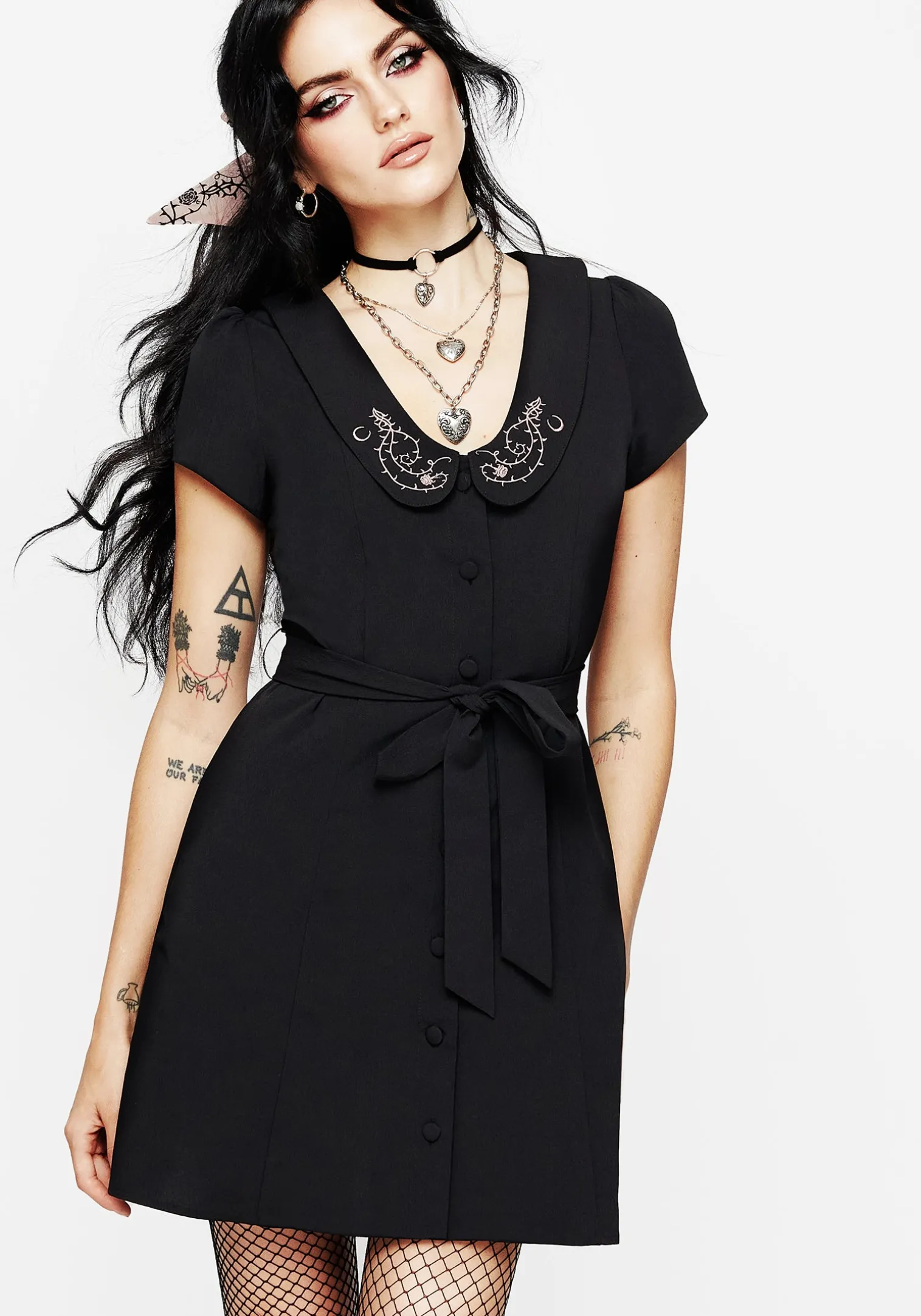 Rosethorn Embroidered Collar Mini Shirt Dress