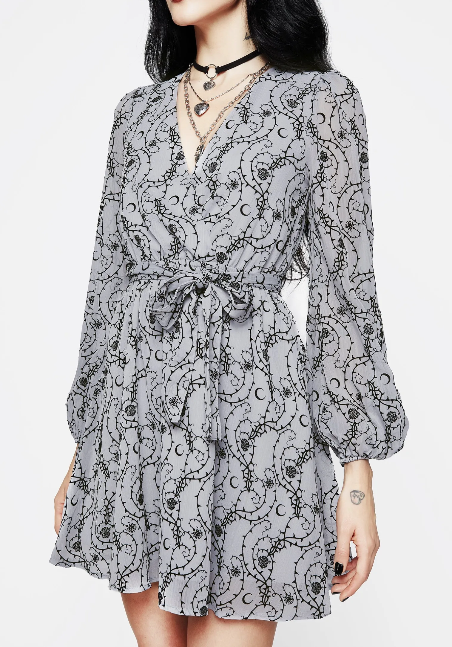Rosethorn Flocked Velour Chiffon Faux Wrap Mini Dress - Blue
