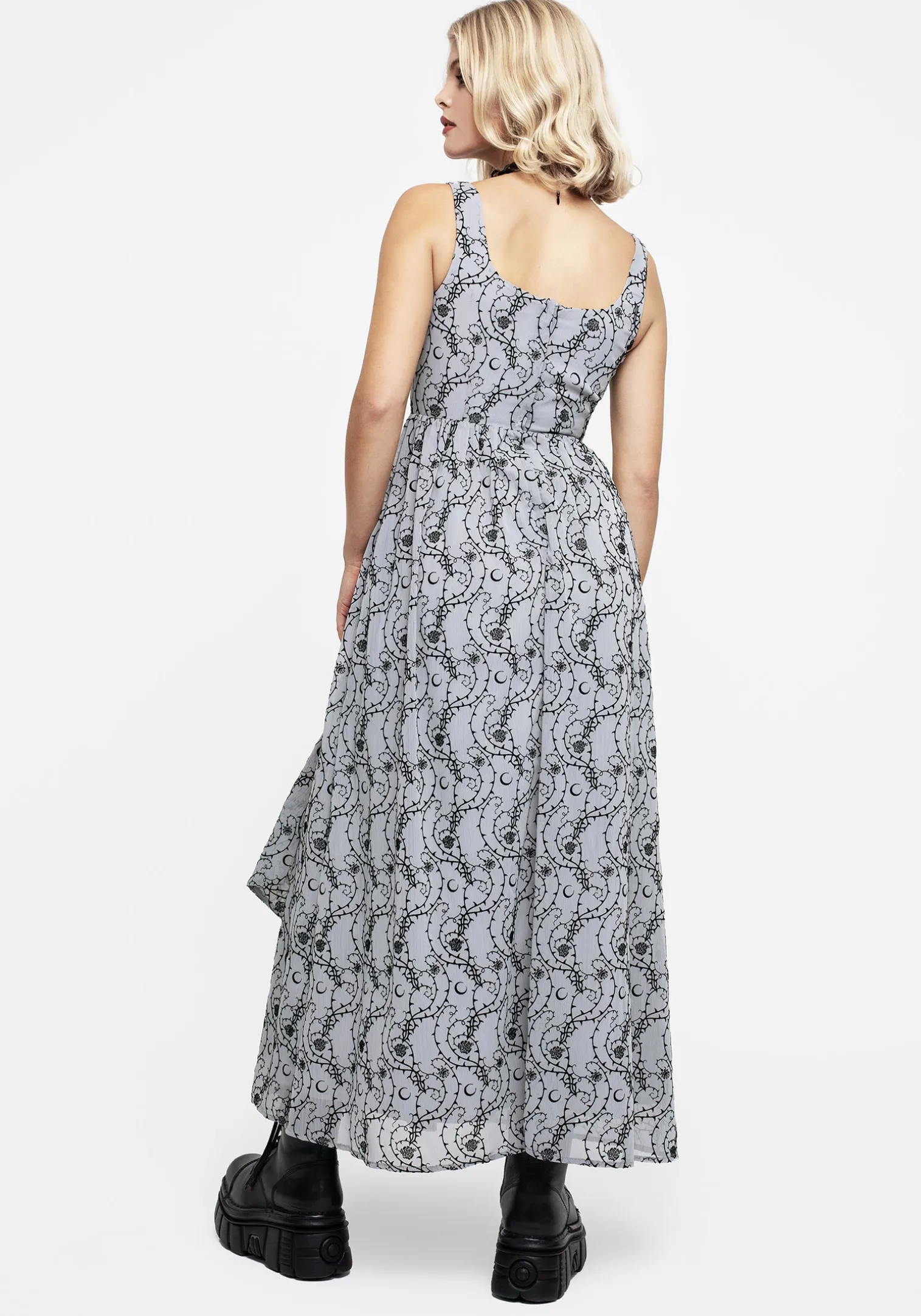 Rosethorn Flocked Velour Chiffon Ruffle Midaxi Dress - Blue