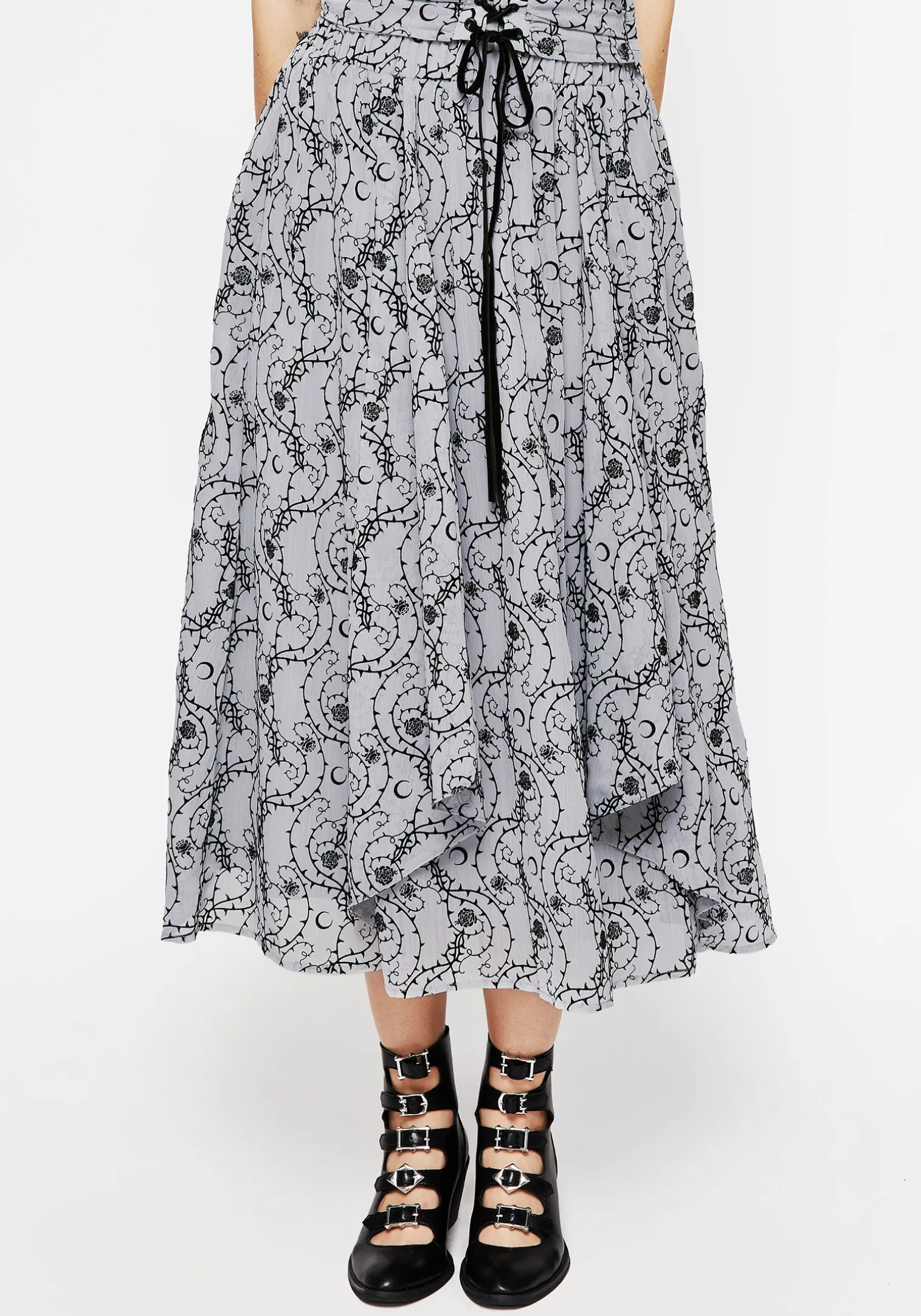 Rosethorn Flocked Velour Chiffon Ruffle Midi Skirt - Blue