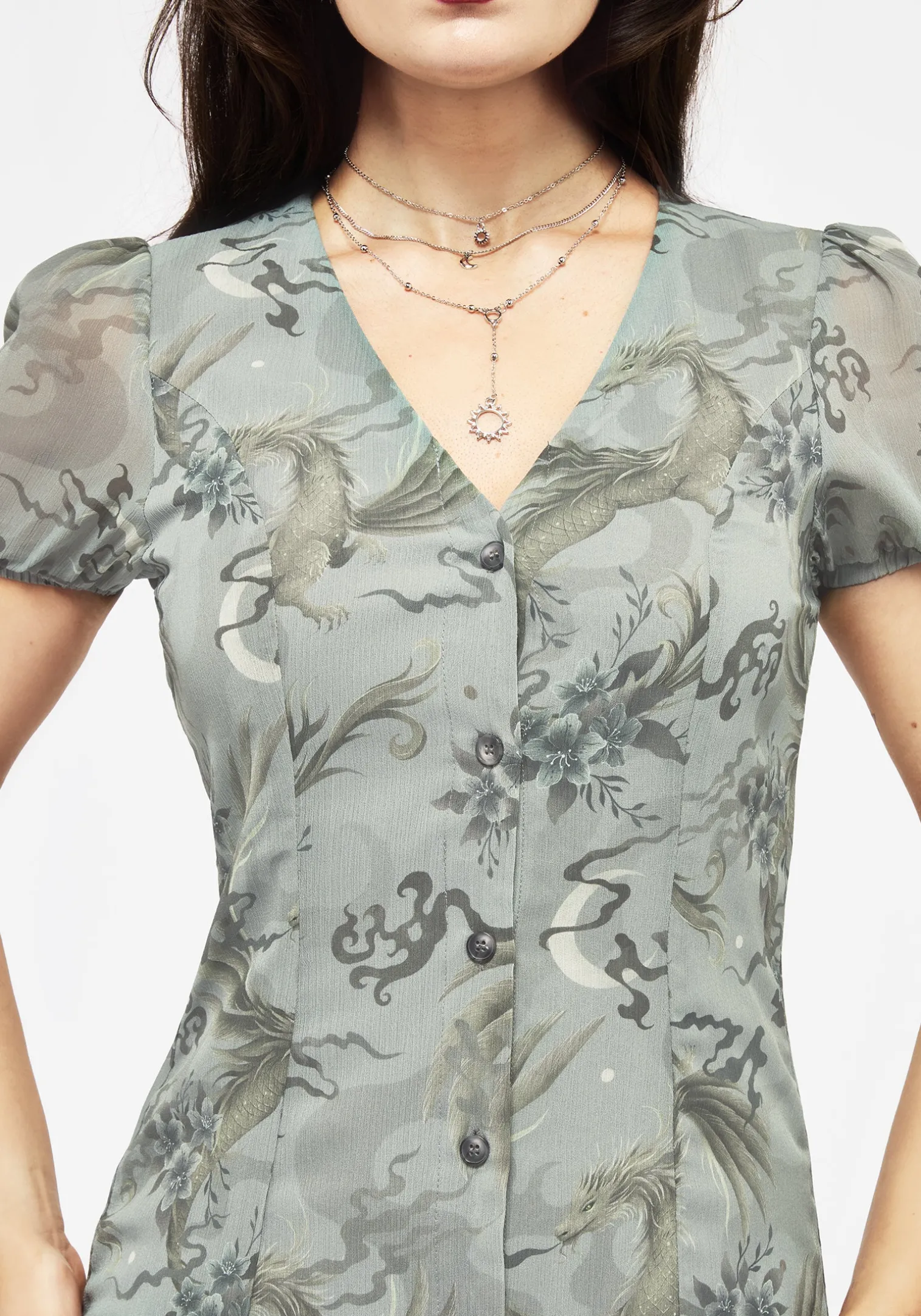 Sapphira Dragon Print Chiffon Button Up Midi Dress