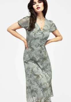Sapphira Dragon Print Chiffon Button Up Midi Dress