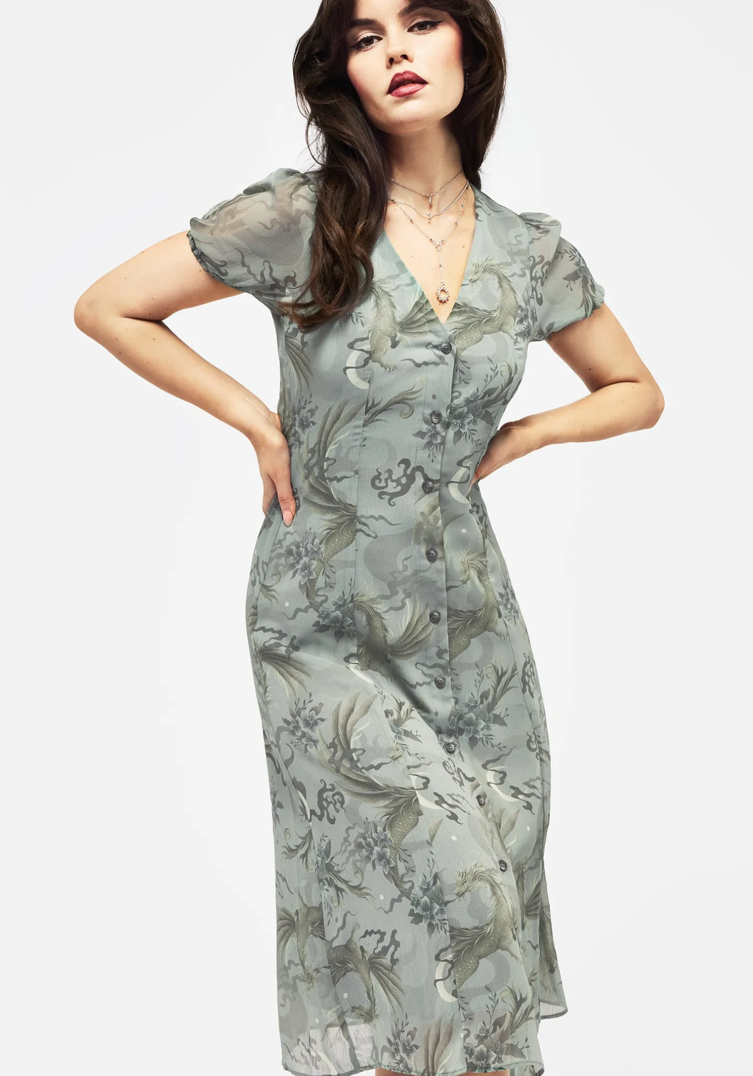 Sapphira Dragon Print Chiffon Button Up Midi Dress