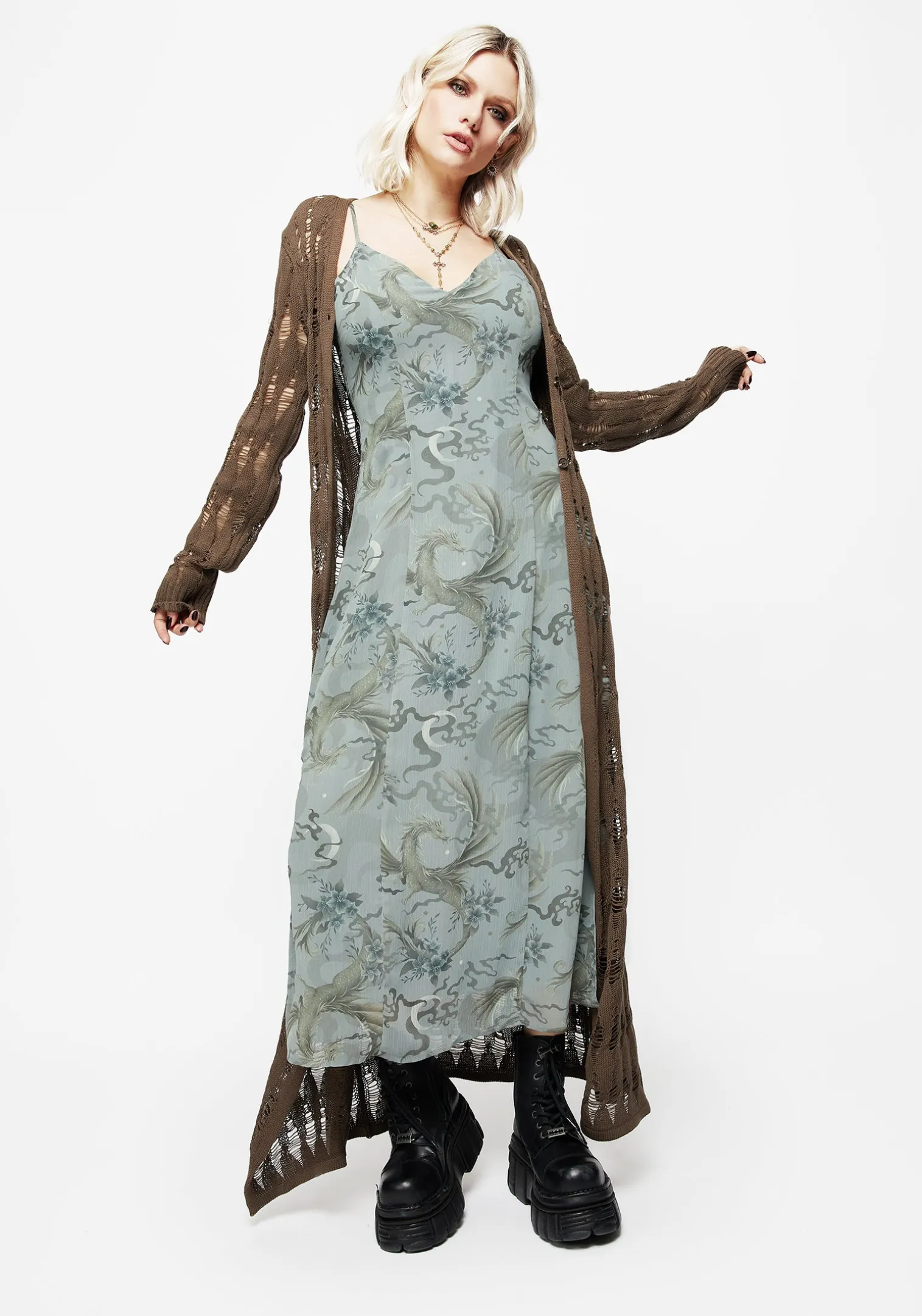Sapphira Dragon Print Chiffon Midaxi Slip Dress