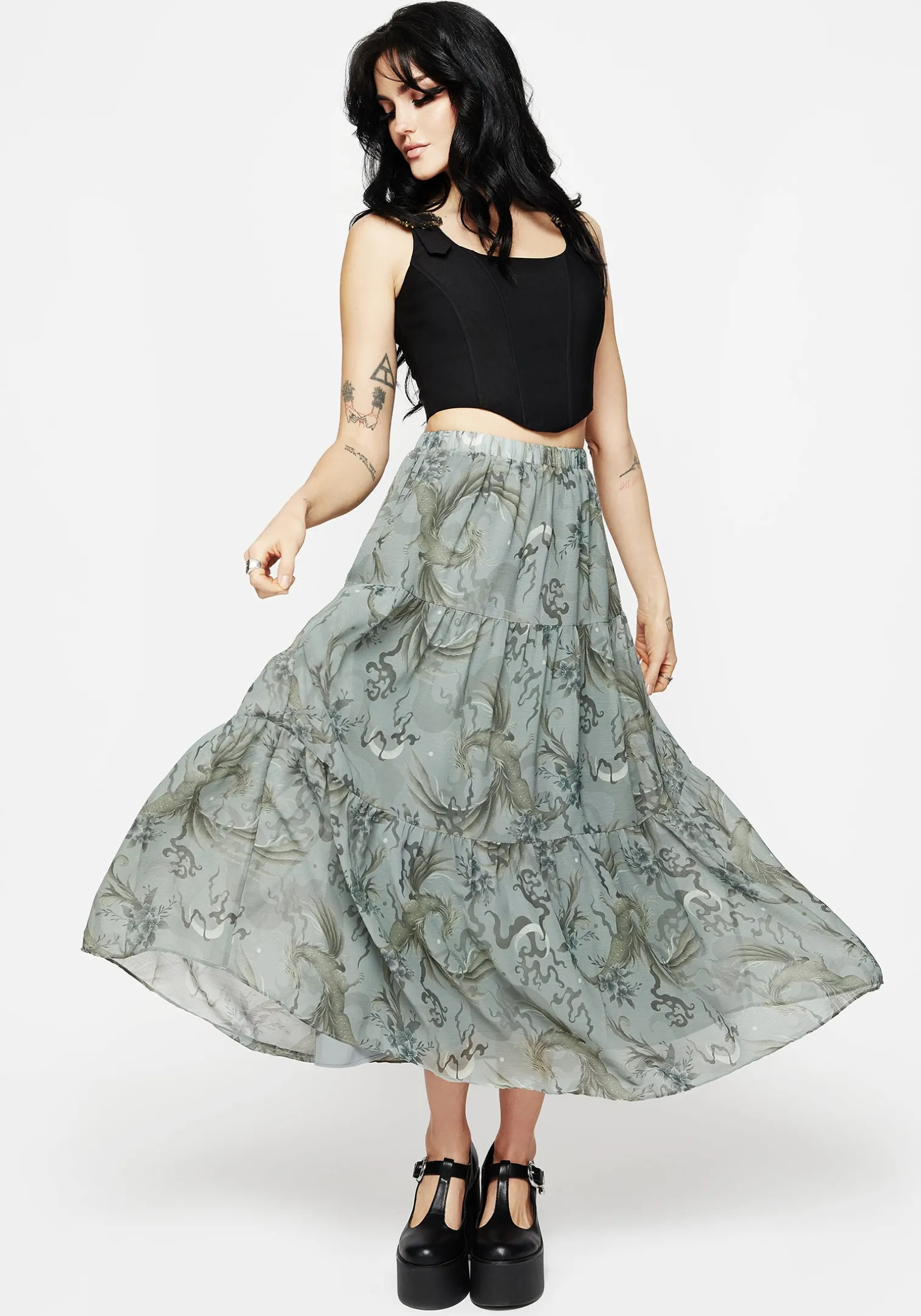 Sapphira Dragon Print Chiffon Tiered Maxi Skirt