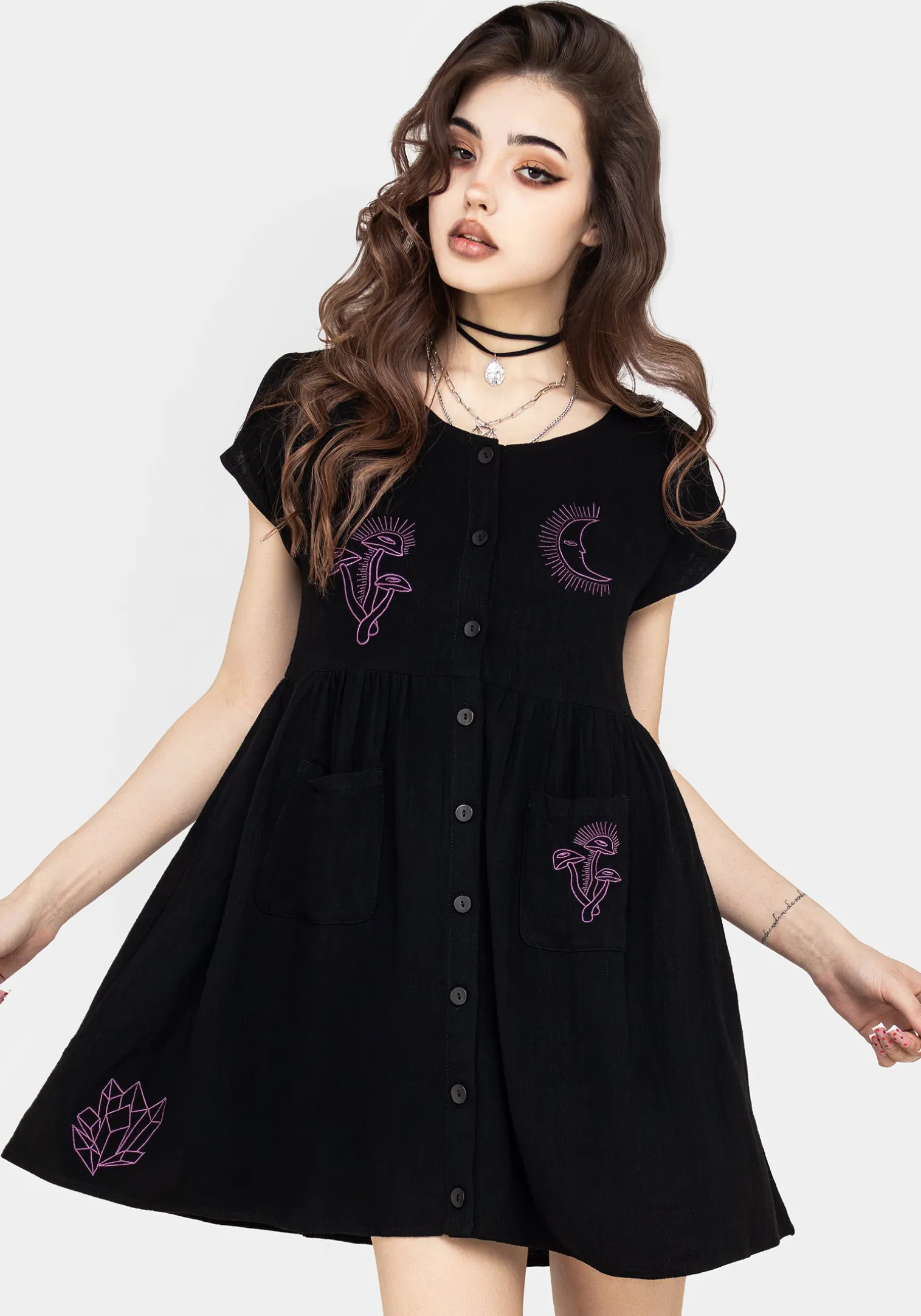 Scutellaria Embroidered Button Up Mini Dress
