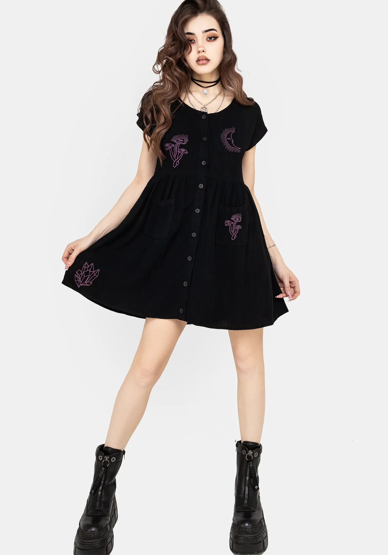 Scutellaria Embroidered Button Up Mini Dress