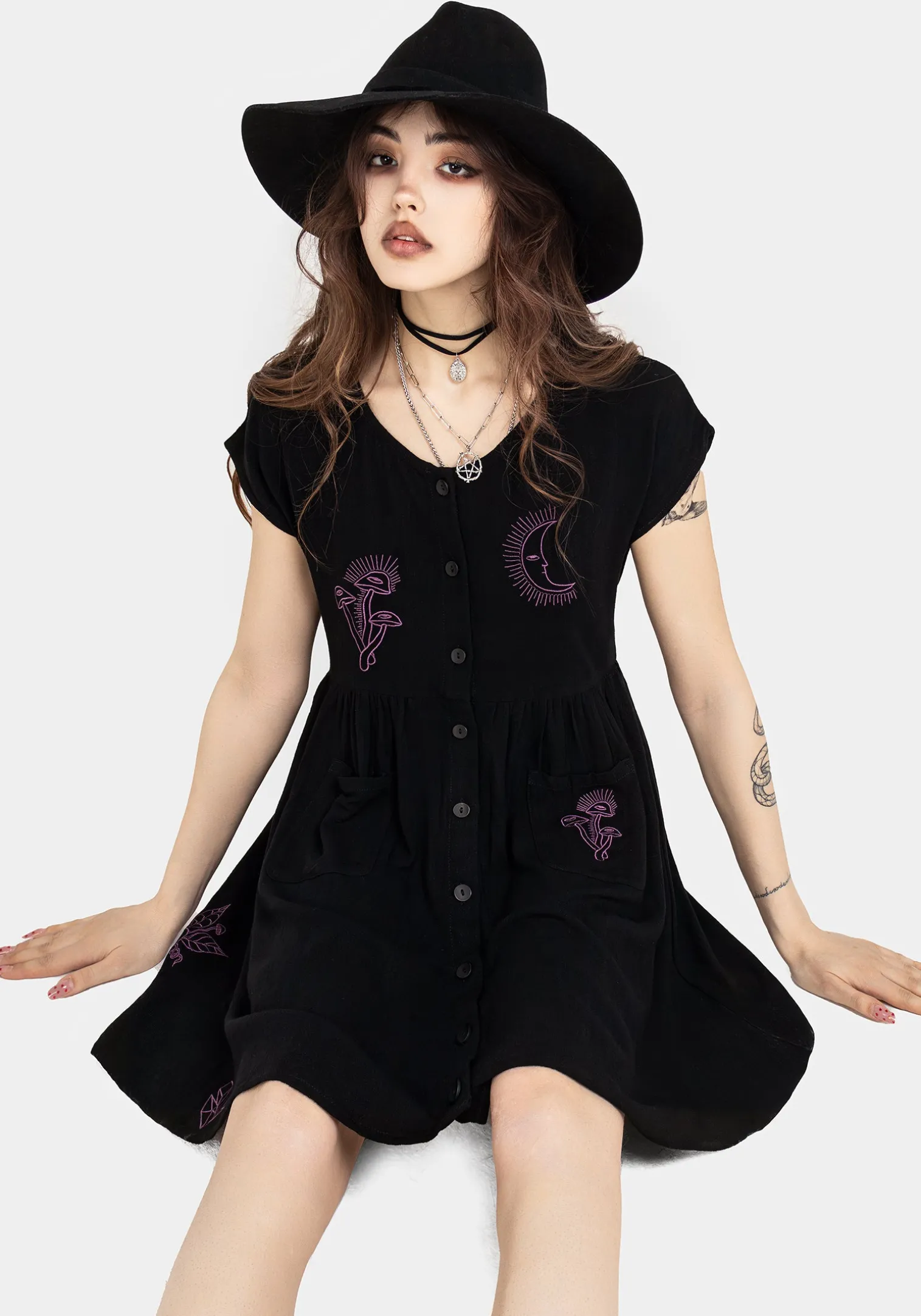 Scutellaria Embroidered Button Up Mini Dress