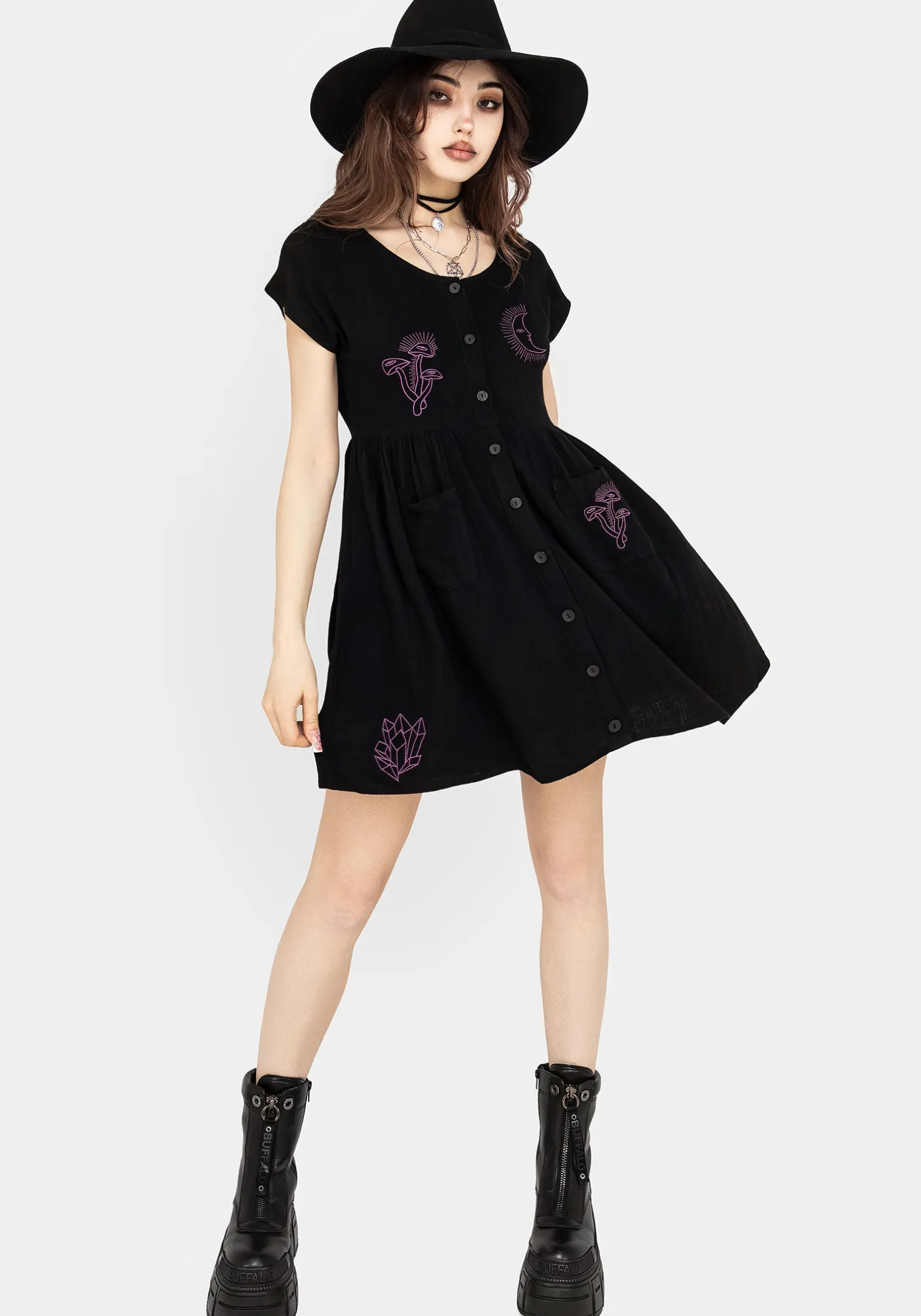 Scutellaria Embroidered Button Up Mini Dress