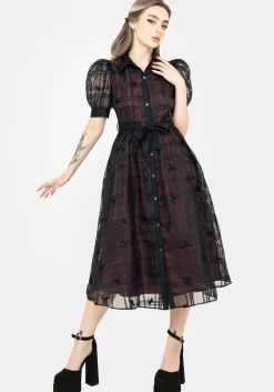 Sedona Organza Check Embroidered Puff Sleeve Midi Shirt Dress