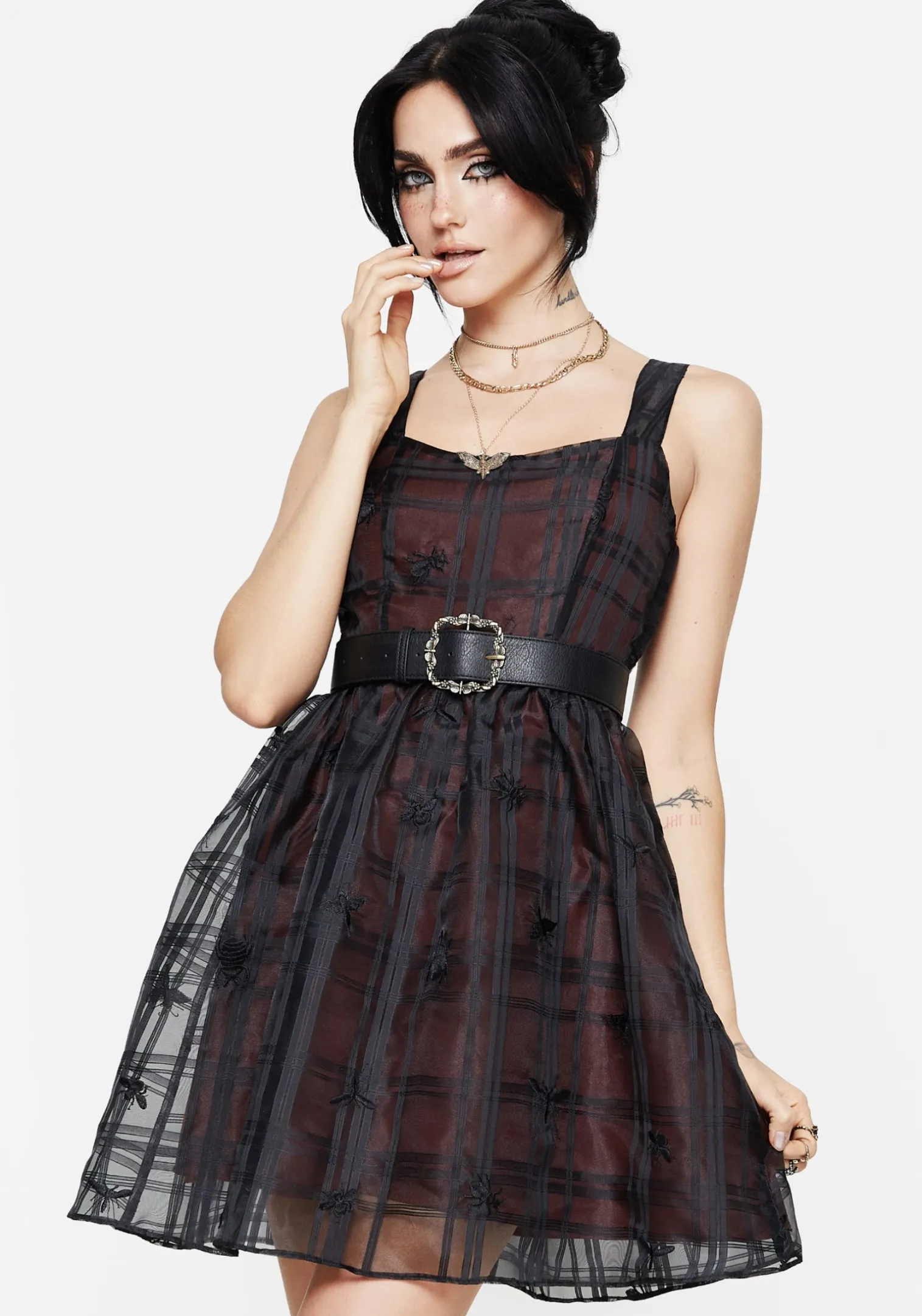 Sedona Organza Check Embroidered Mini Dress