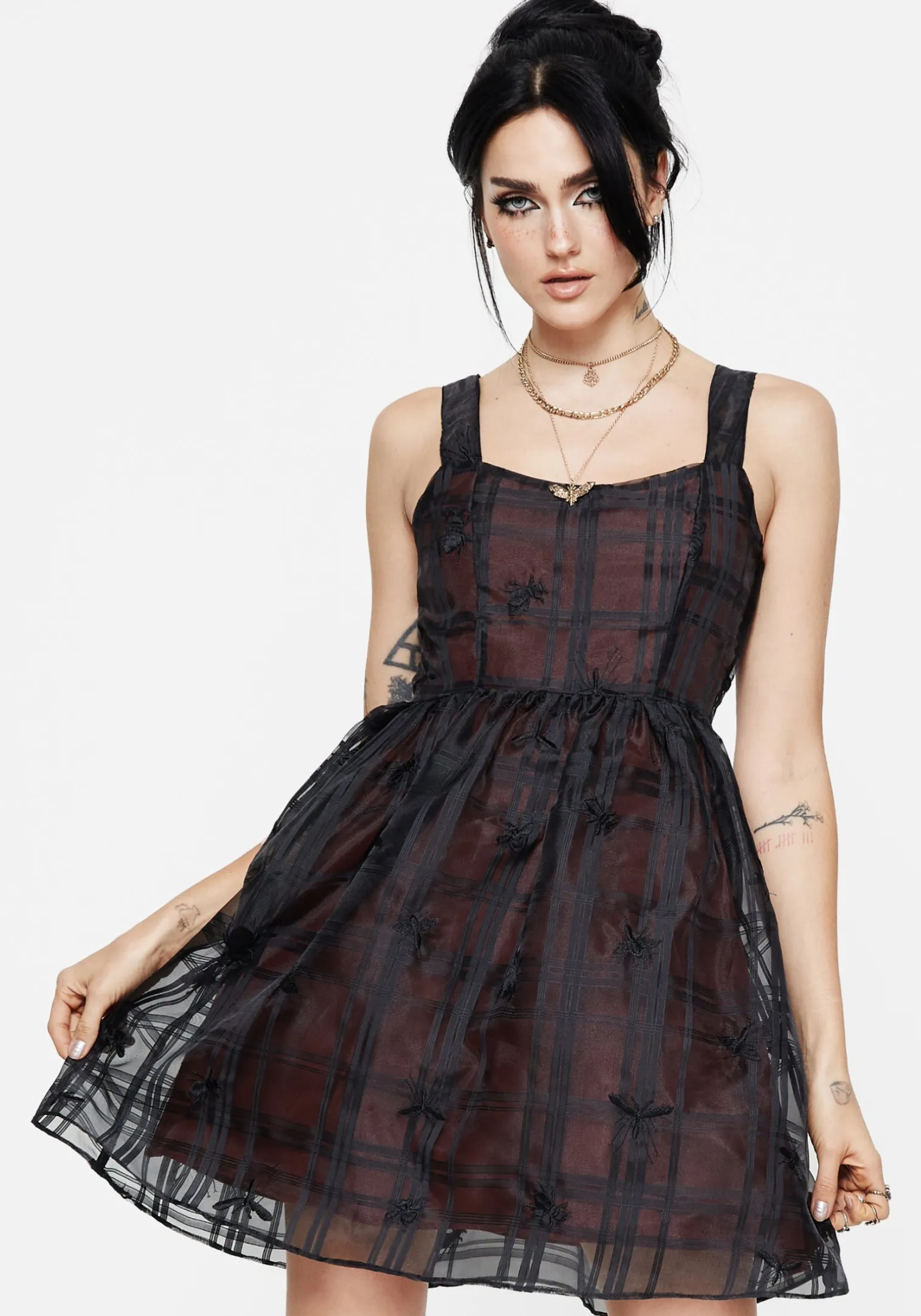 Sedona Organza Check Embroidered Mini Dress