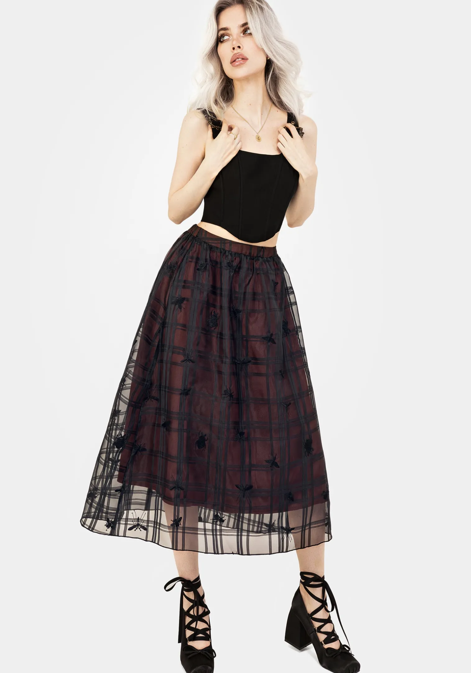 Sedona Organza Check Embroidered Midaxi Skirt