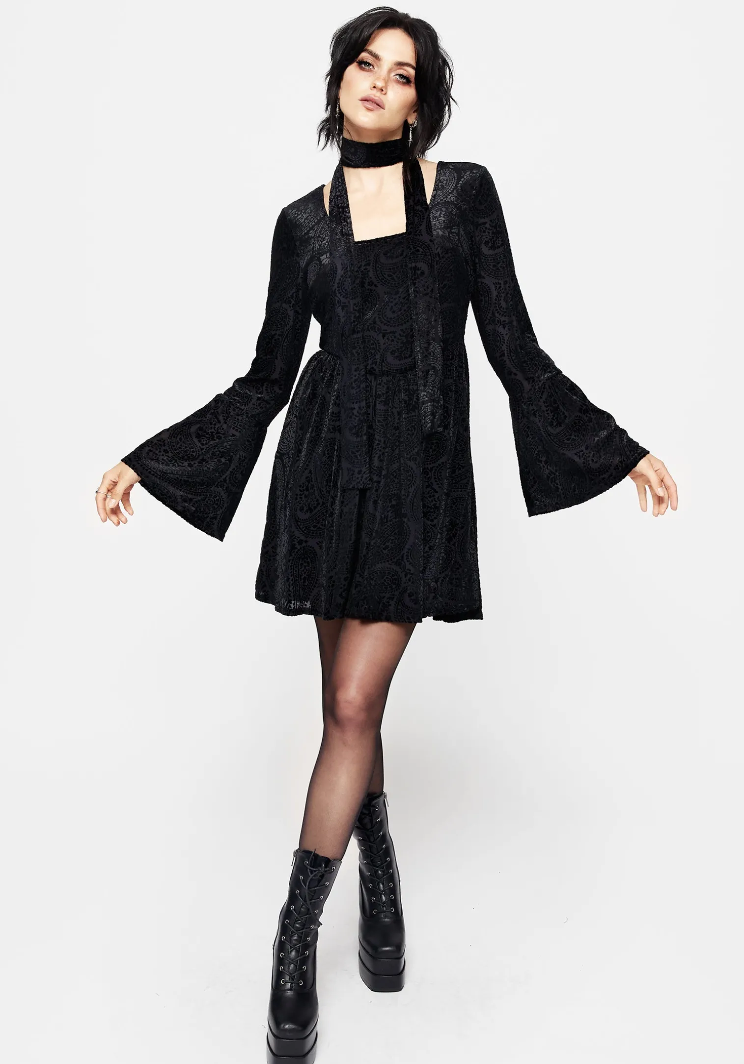 Sempre Velour Devore Corset Mini Dress with Neck Wrap
