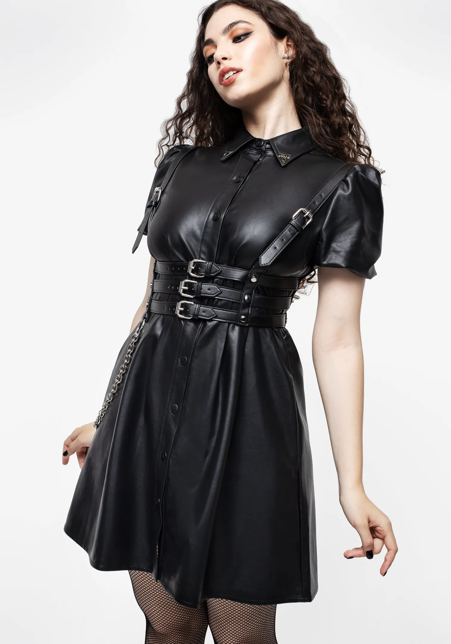 Sharon PU Mini Shirt Dress With Charm