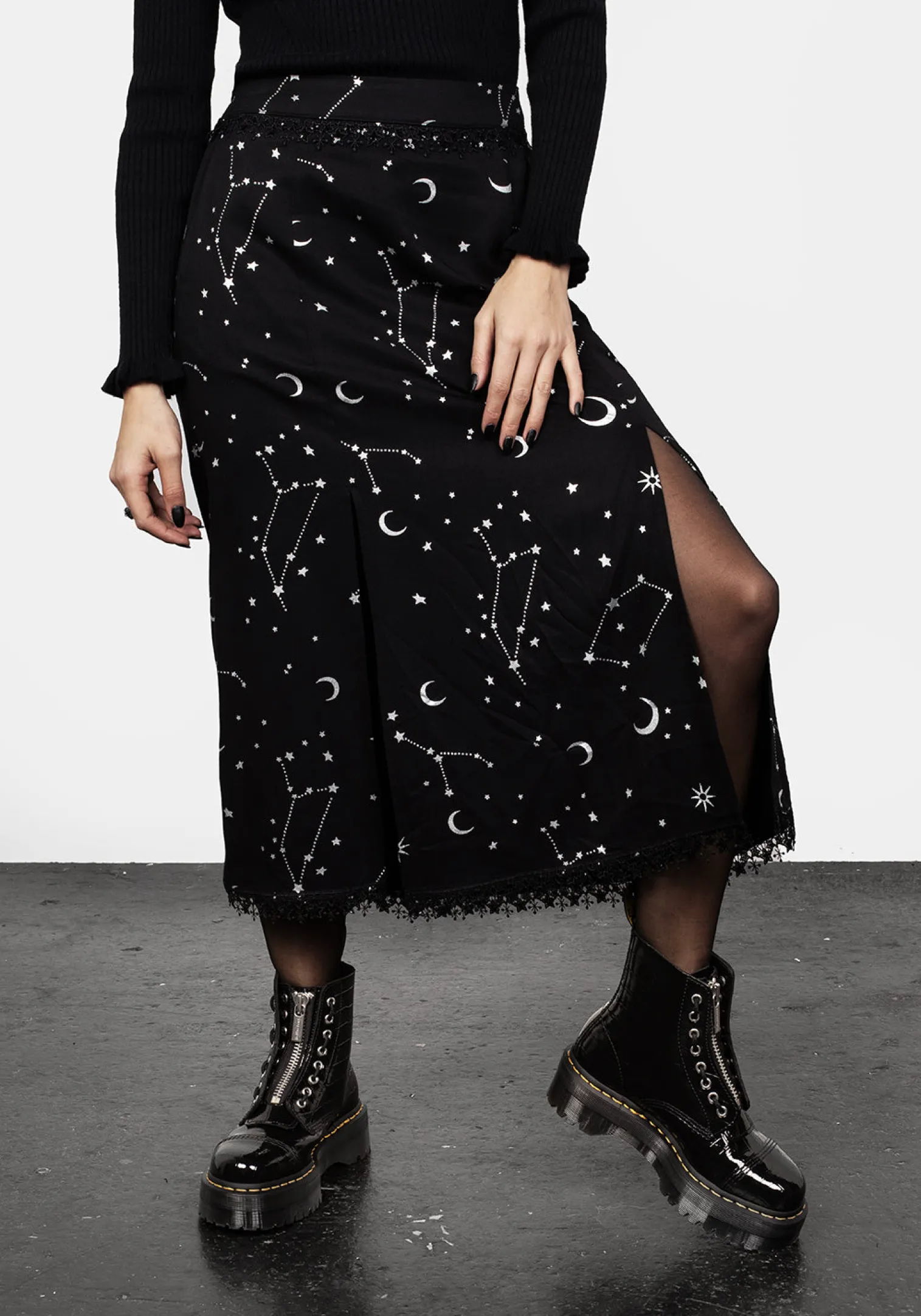 Silver Celestial Print Double Split Skirt