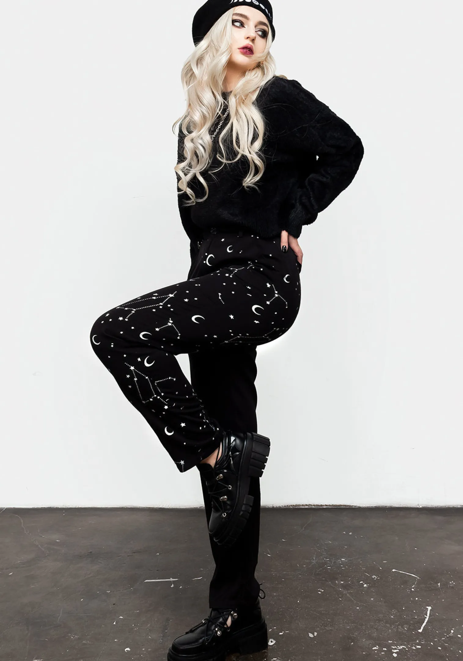 Silver Celestial Print Spliced Tapered Trousers