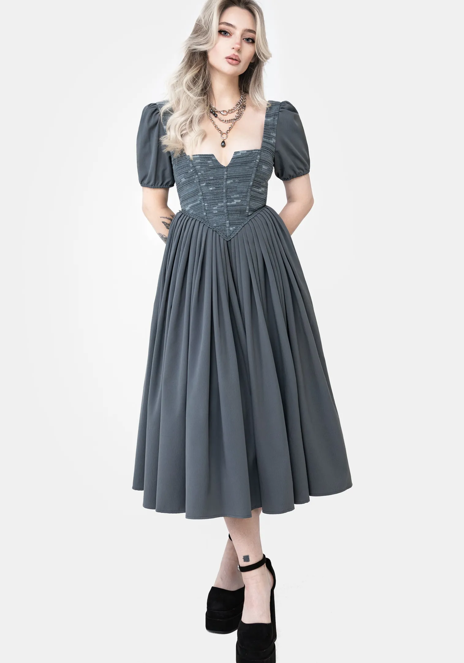 Slain Puff Sleeve Corset Midi Dress