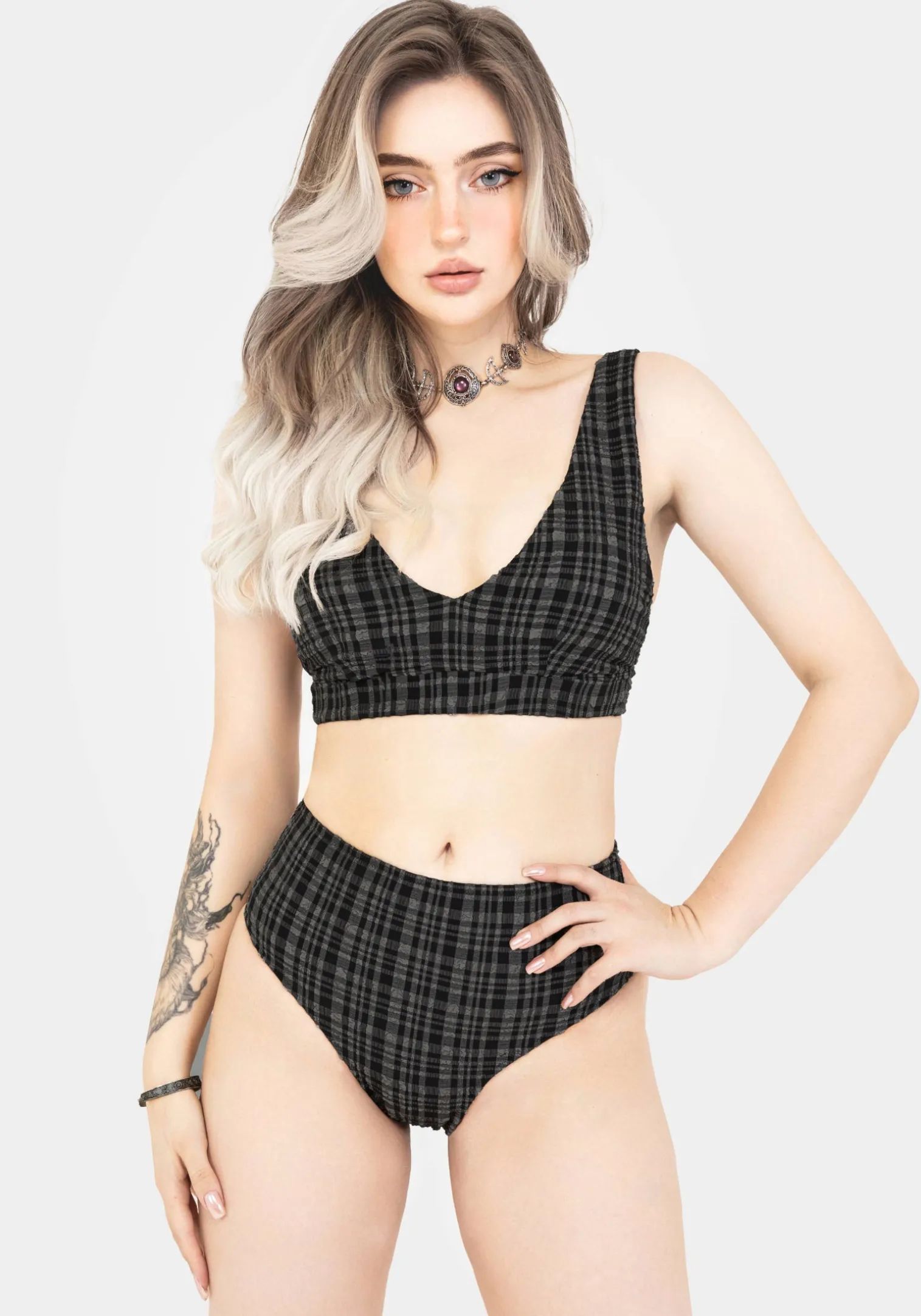 Slate Textured Check High Waist Swim Bottoms