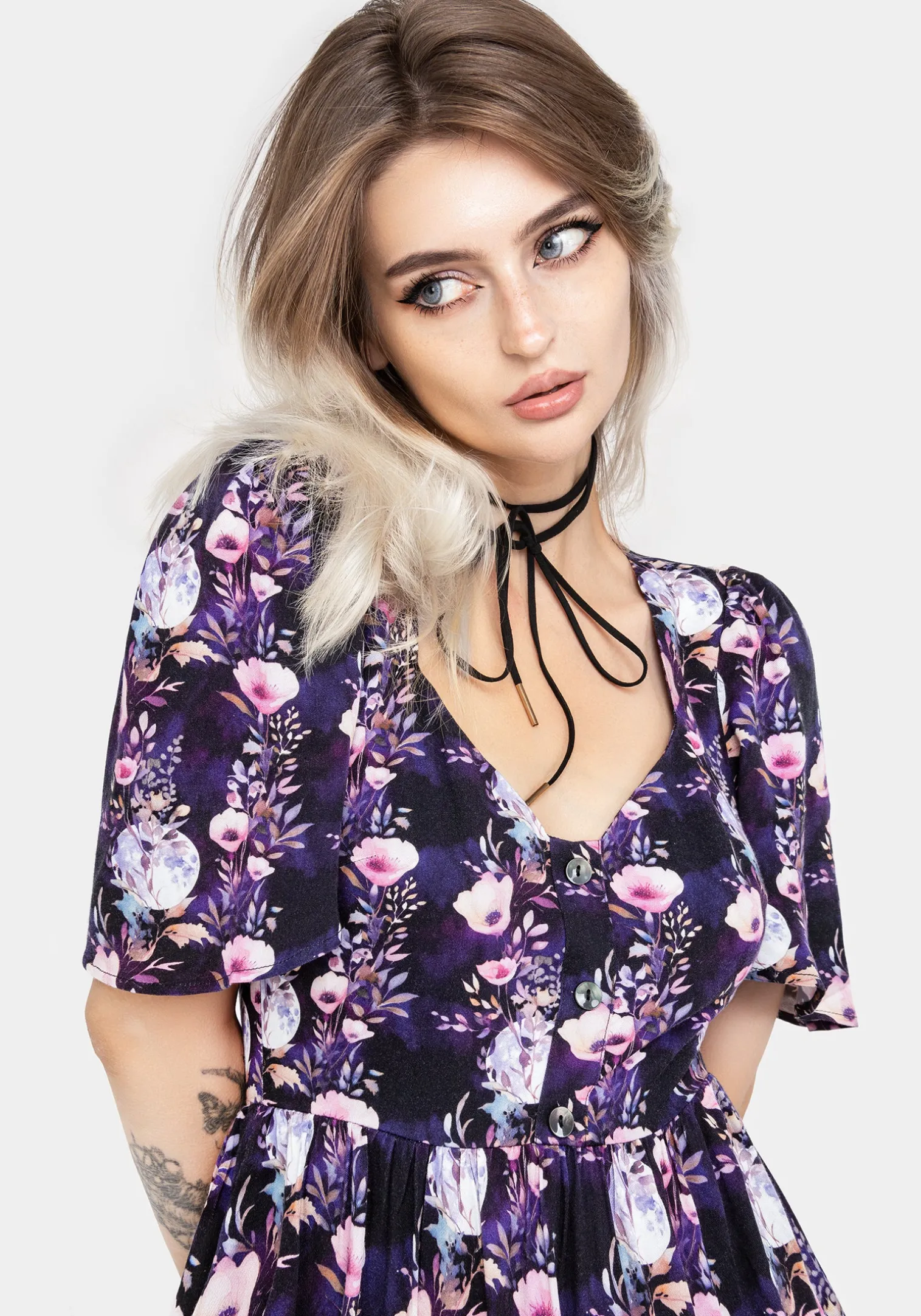 Socordia Floral Moon Button Front Mini Dress