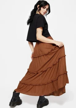 Soleil Cotton-Blend Check Tiered Maxi Skirt