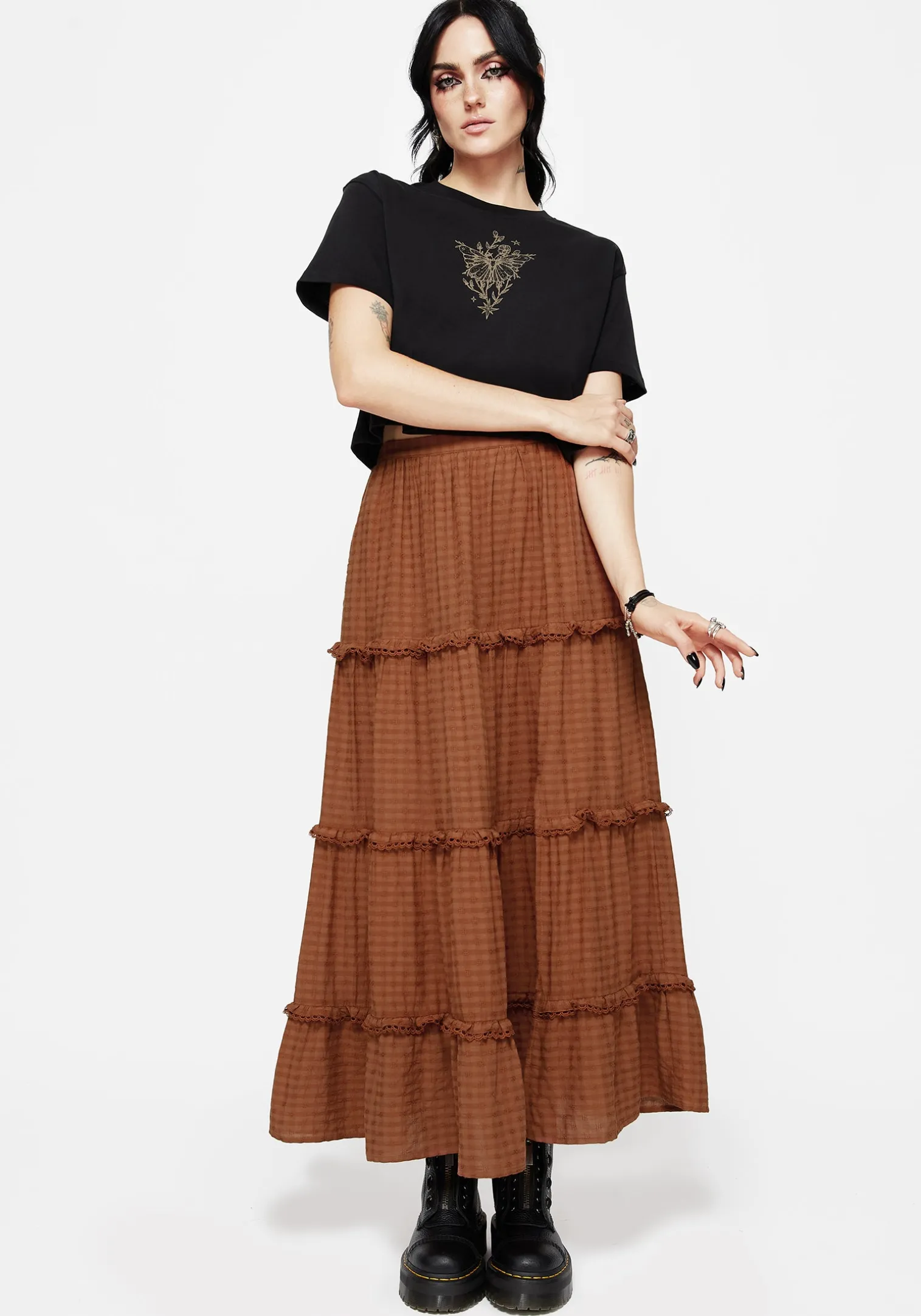 Soleil Cotton-Blend Check Tiered Maxi Skirt