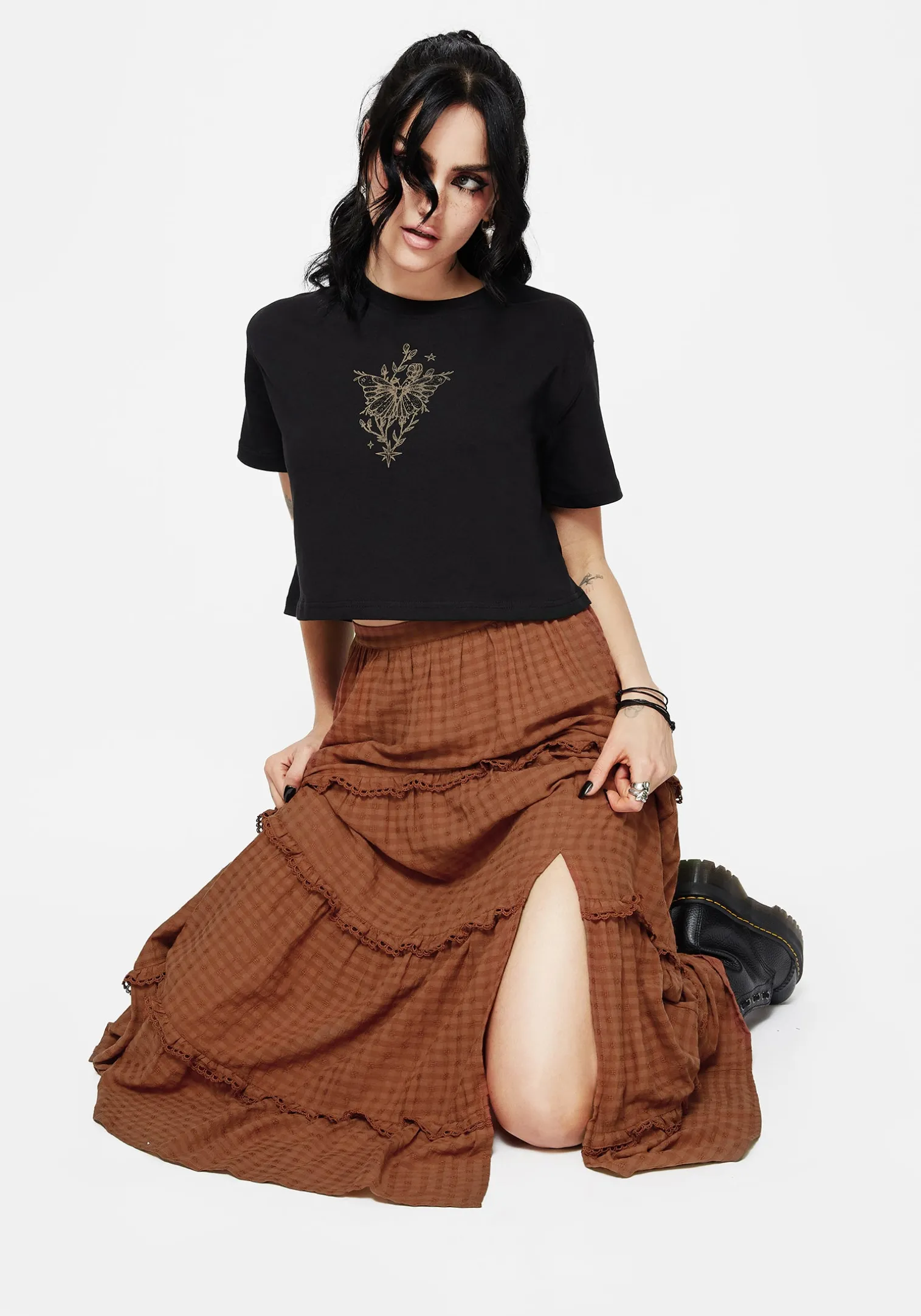 Soleil Cotton-Blend Check Tiered Maxi Skirt