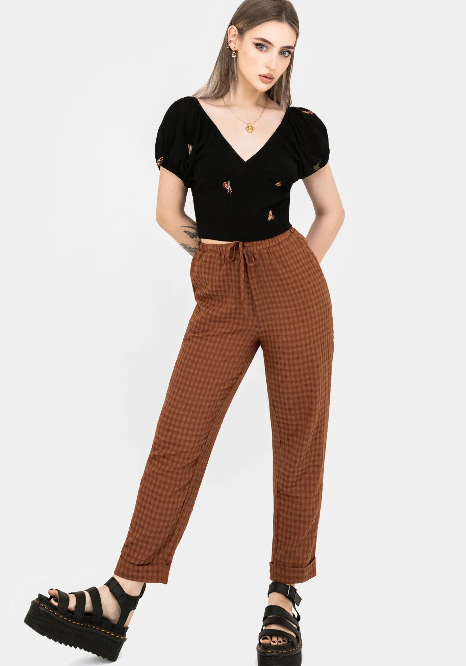 Soleil Cotton-Blend Check Tapered Trouser