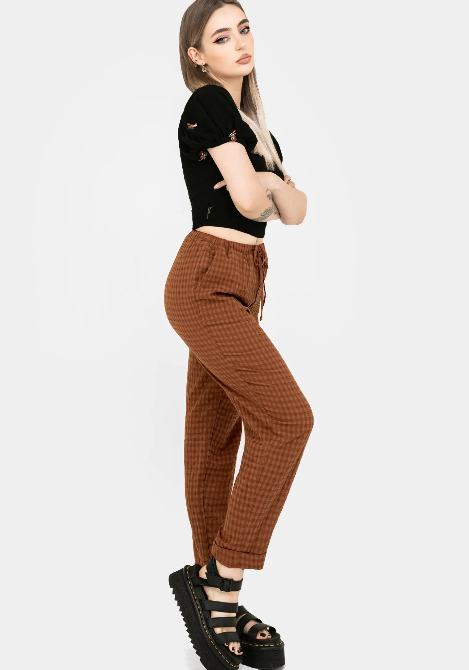 Soleil Cotton-Blend Check Tapered Trouser