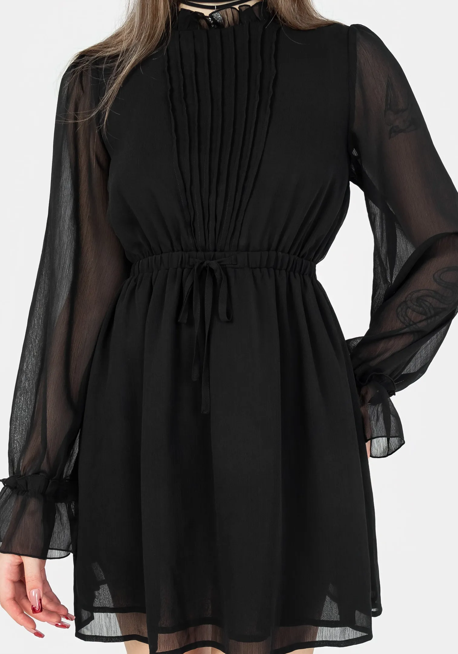 Spirit Sheer Pintuck Ruffle Mini Dress