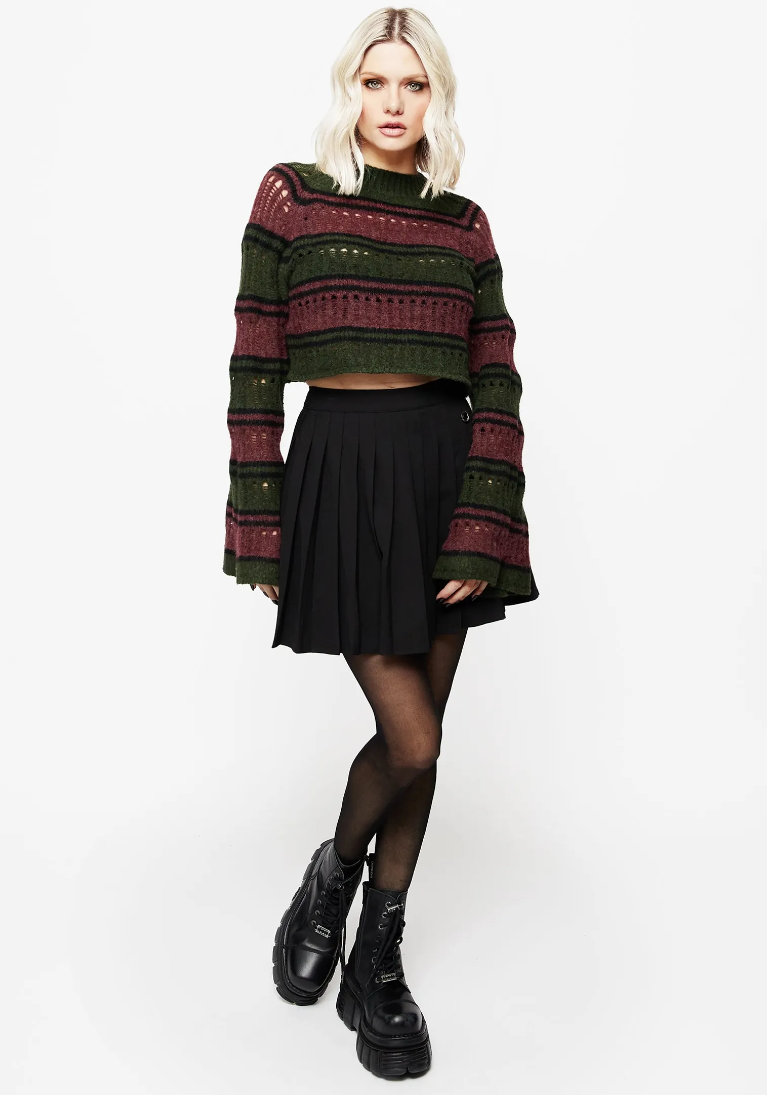 Splinter Stripe Knit Flare Sleeve Crop Sweater